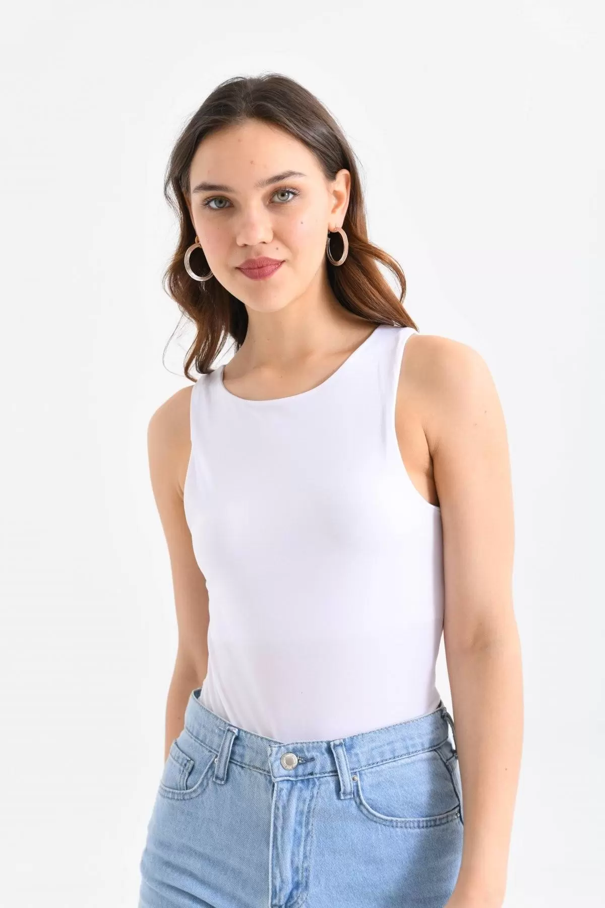 Askılı Bisiklet Yaka Kadın Beyaz Bodysuit