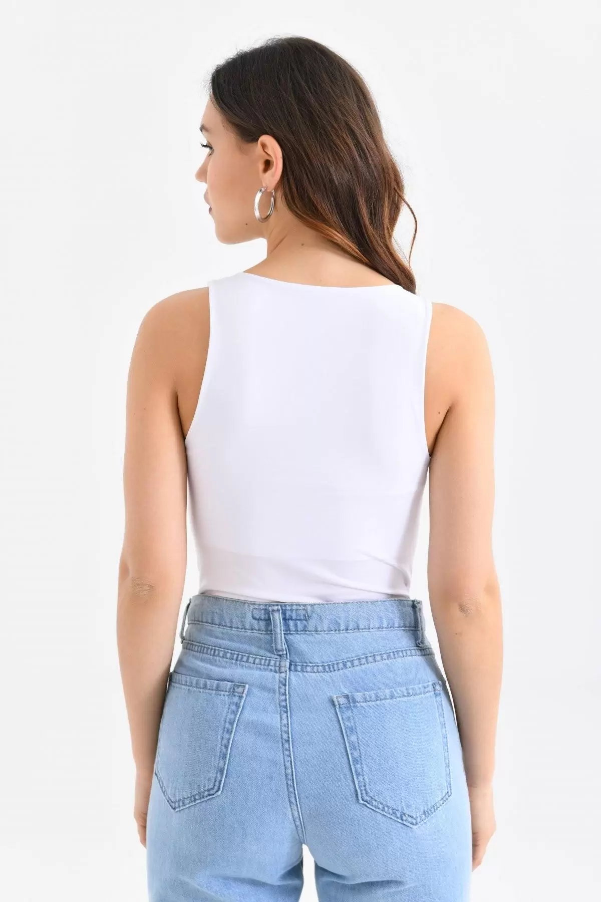 Askılı Bisiklet Yaka Kadın Beyaz Bodysuit