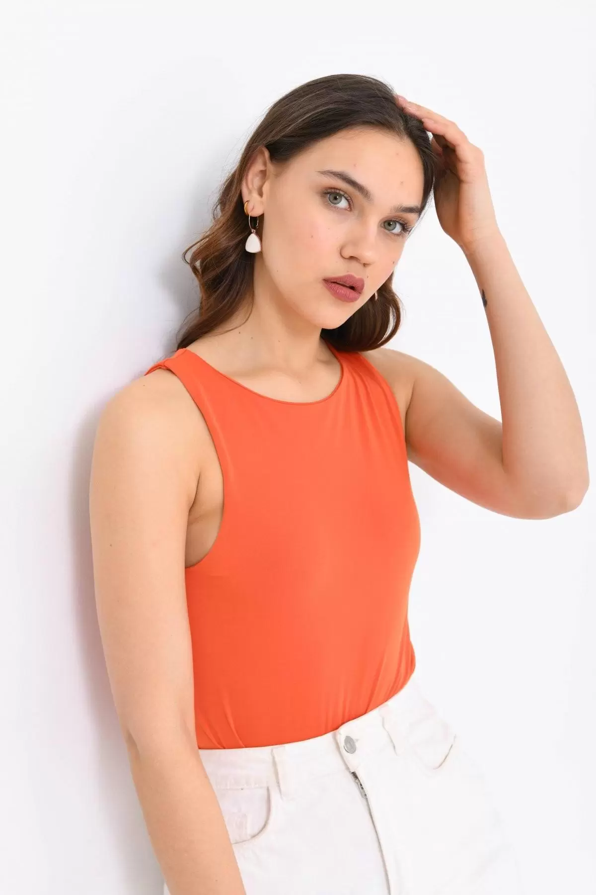 Askılı Bisiklet Yaka Kadın Turuncu Bodysuit