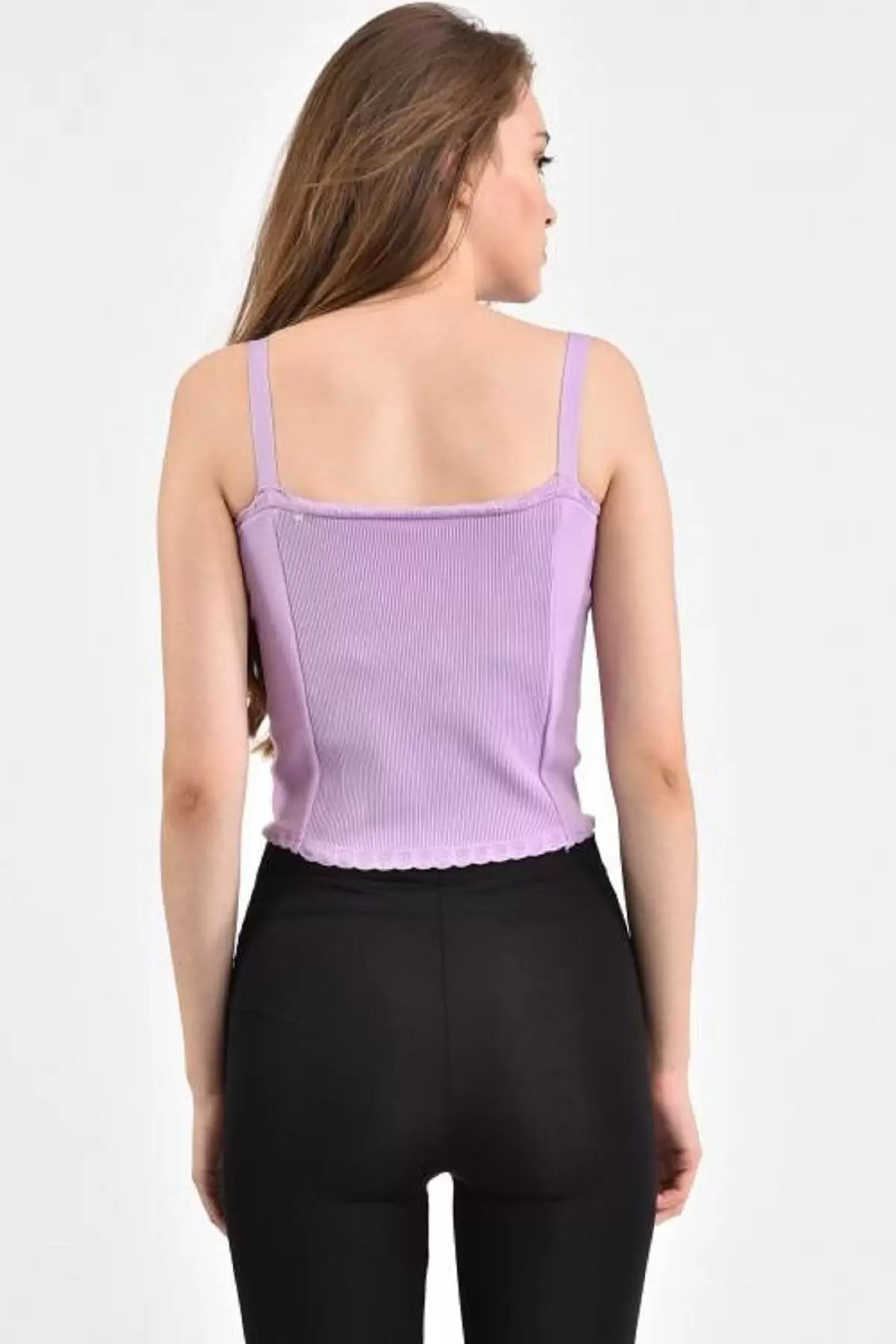 Askılı Dantel Desenli Kısa Triko Lila Kadın Bluz