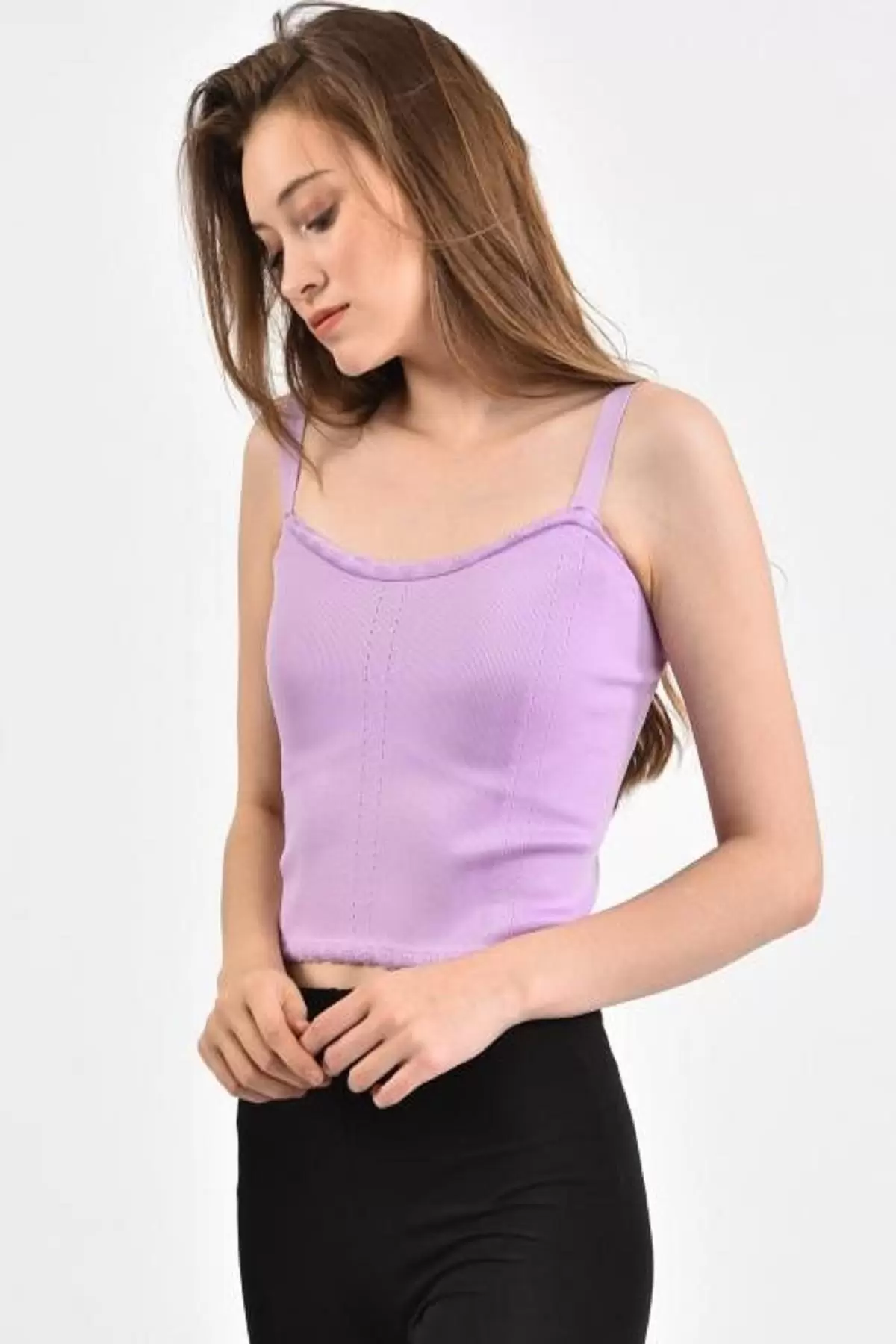 Askılı Dantel Desenli Kısa Triko Lila Kadın Bluz