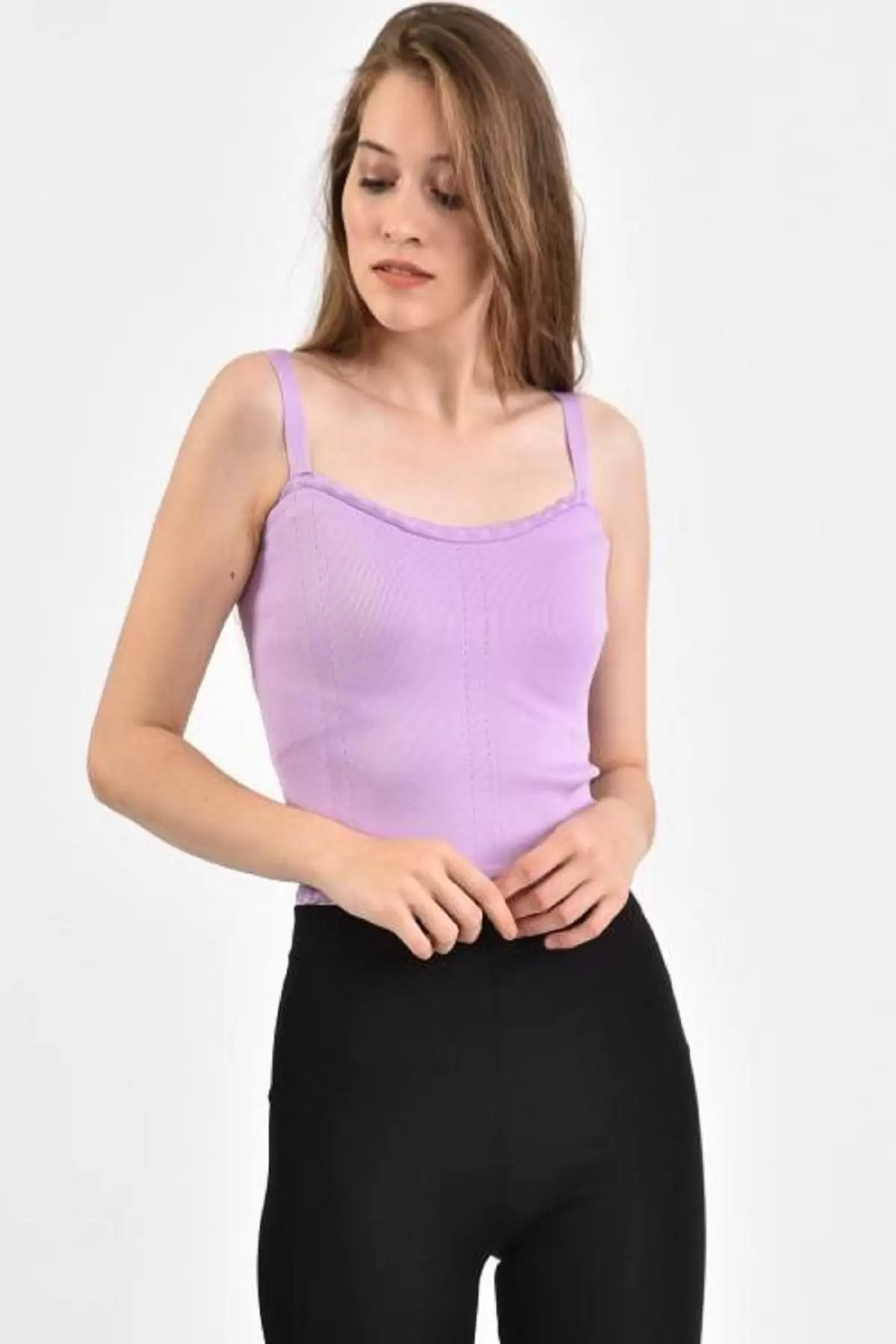 Askılı Dantel Desenli Kısa Triko Lila Kadın Bluz