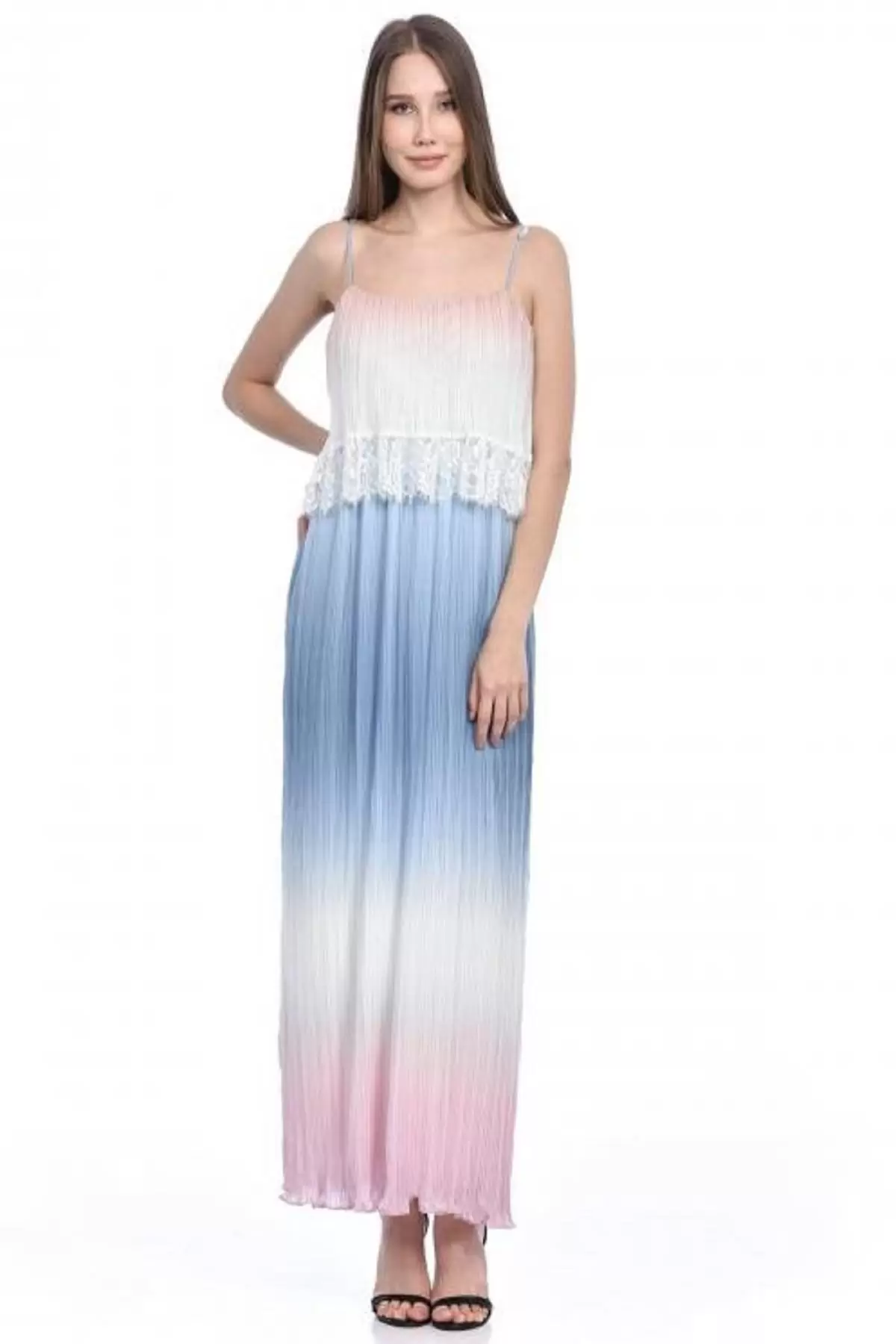 Askılı Dantel detaylı Beyaz Renkli Kloş Pileli Kadın Elbise