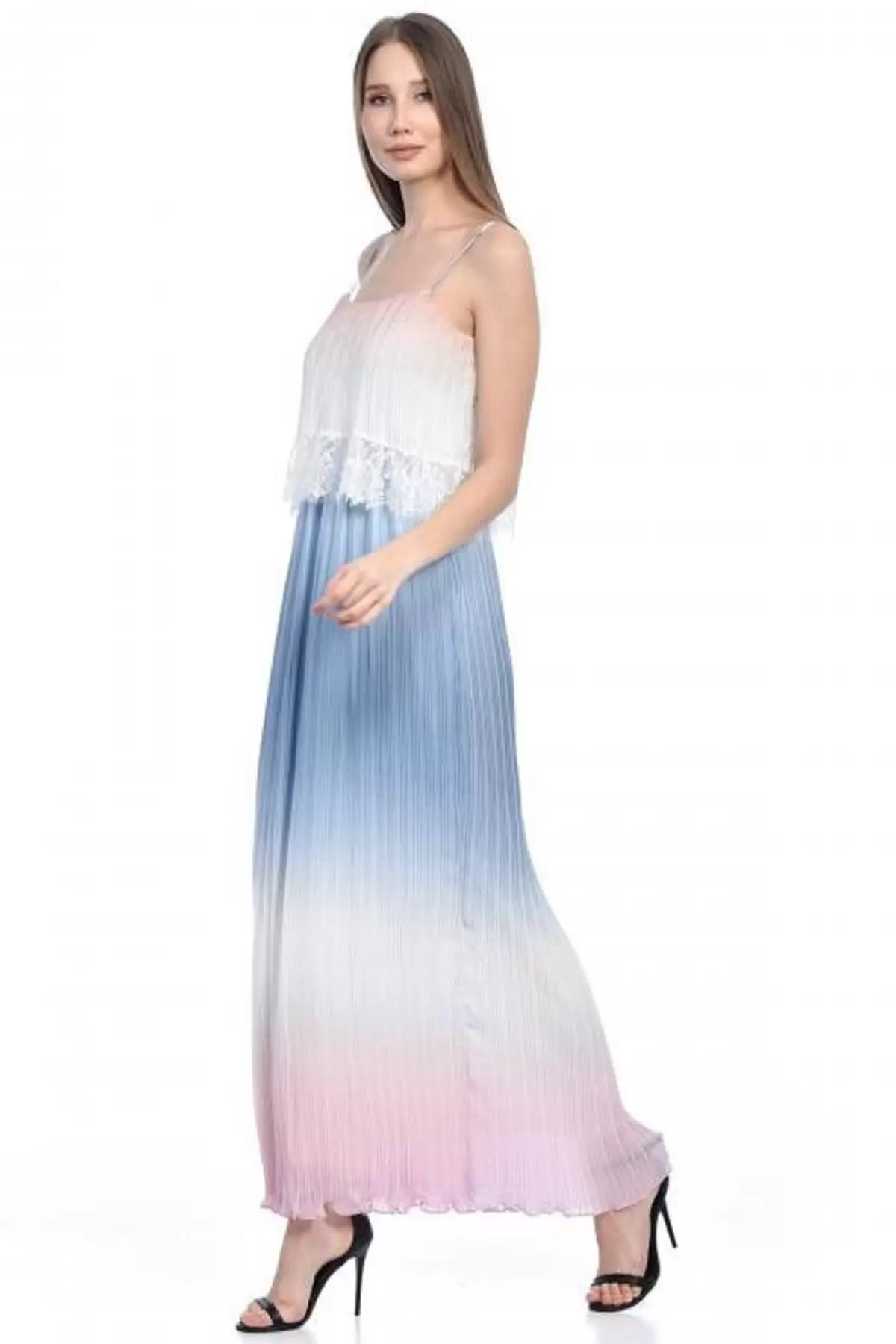 Askılı Dantel detaylı Beyaz Renkli Kloş Pileli Kadın Elbise