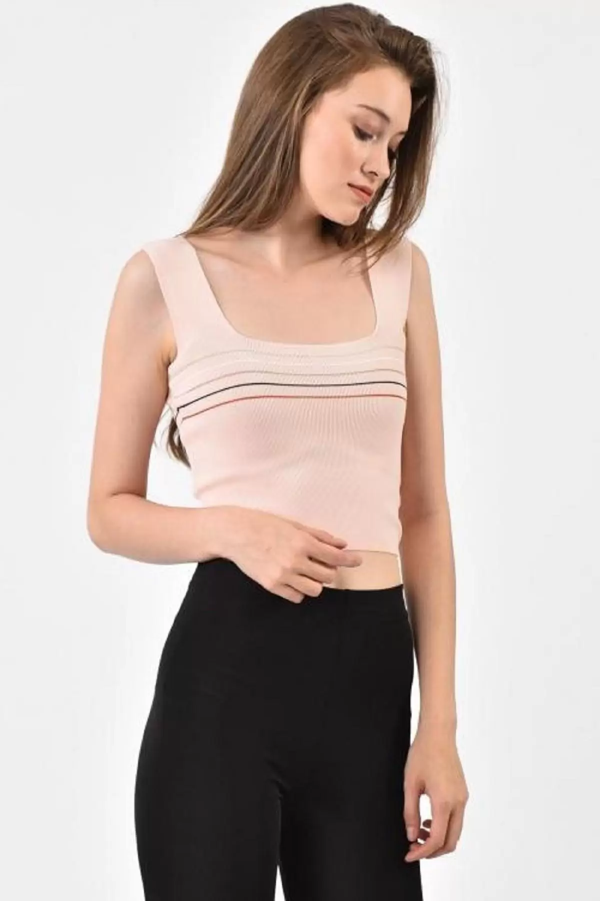 Askılı İnce Çizgi Desenli Pudra Triko Kadın Bluz