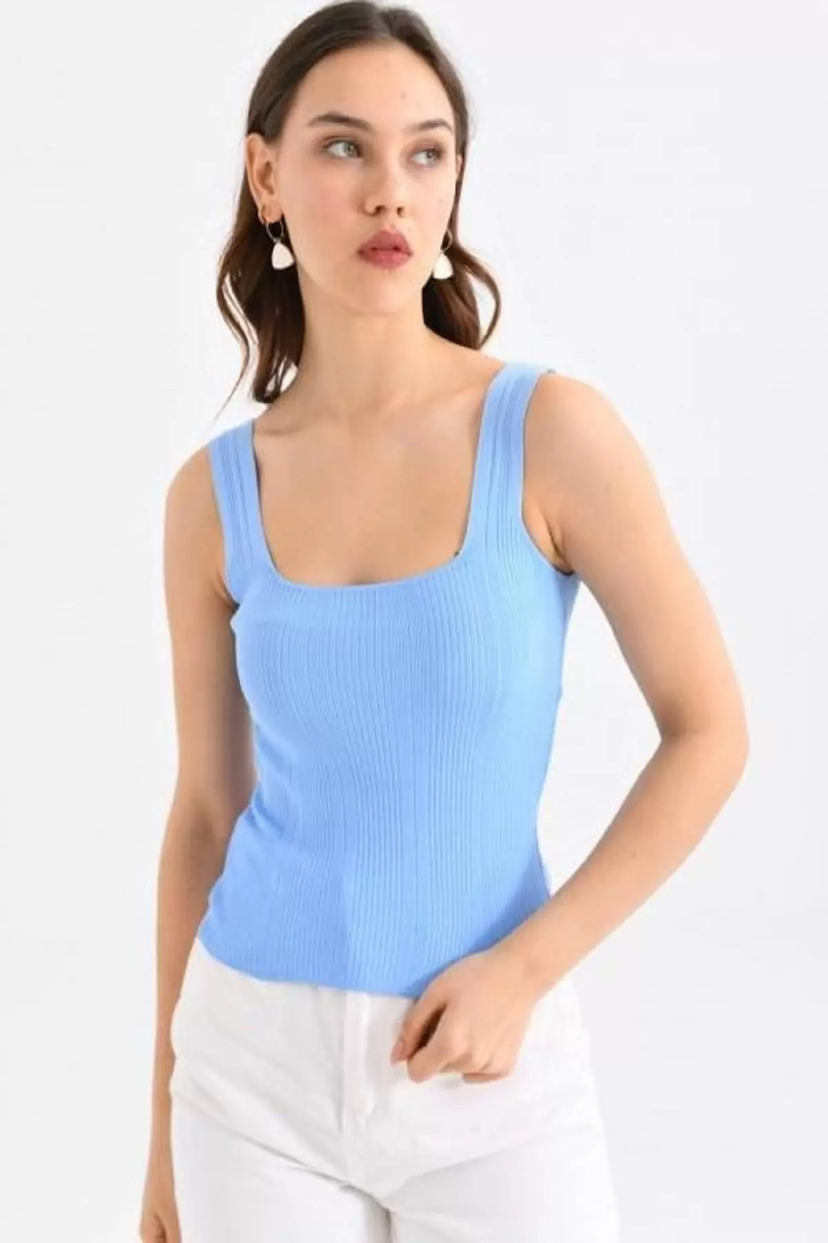 Askılı Kare Yaka Crop Triko Bebe Mavi Kadın Bluz