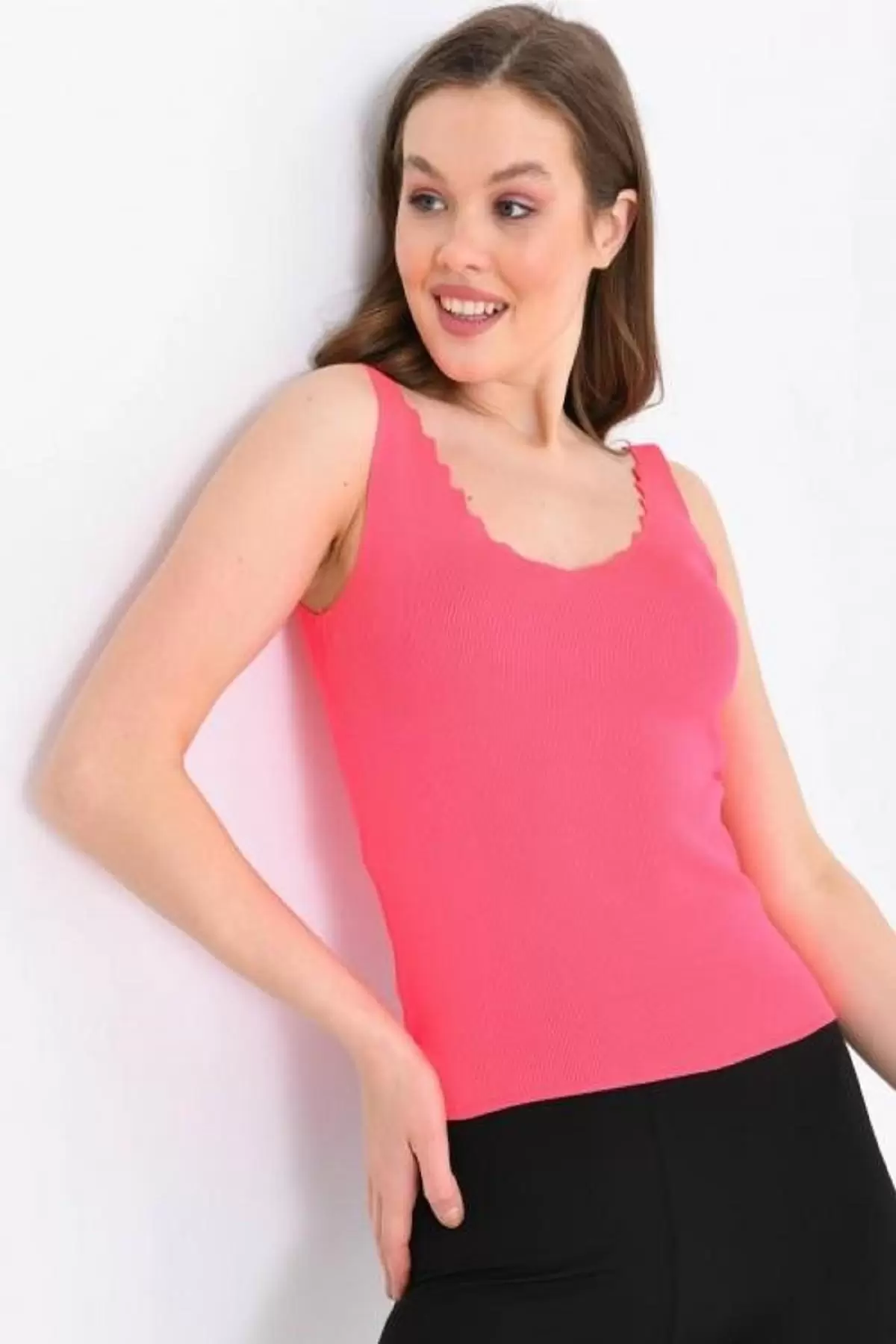 Askılı Merdiven Desenli Kadın Pembe Crop Triko Bluz
