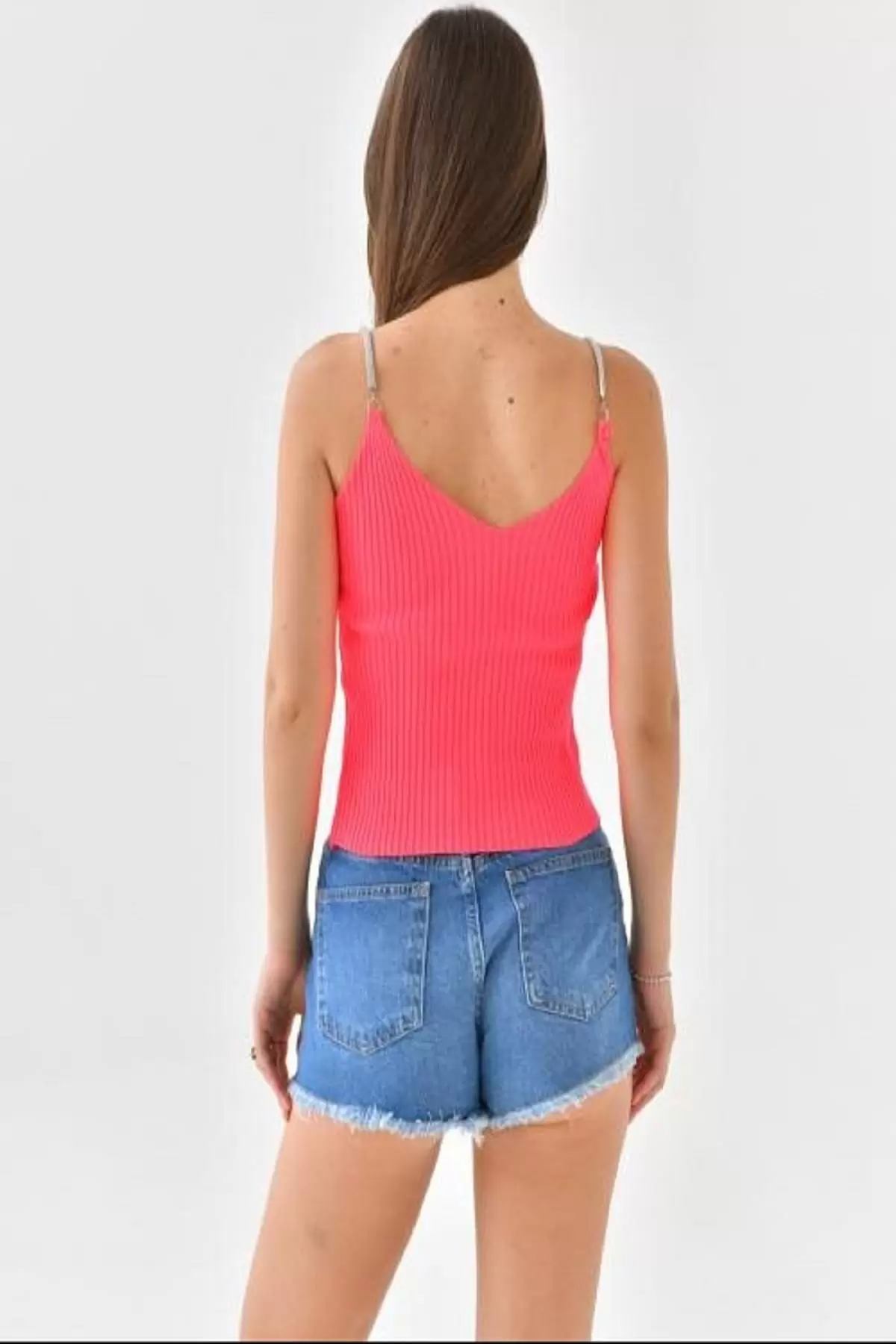 Askılı Sim Detaylı Fuşya Kadın Triko Crop Top