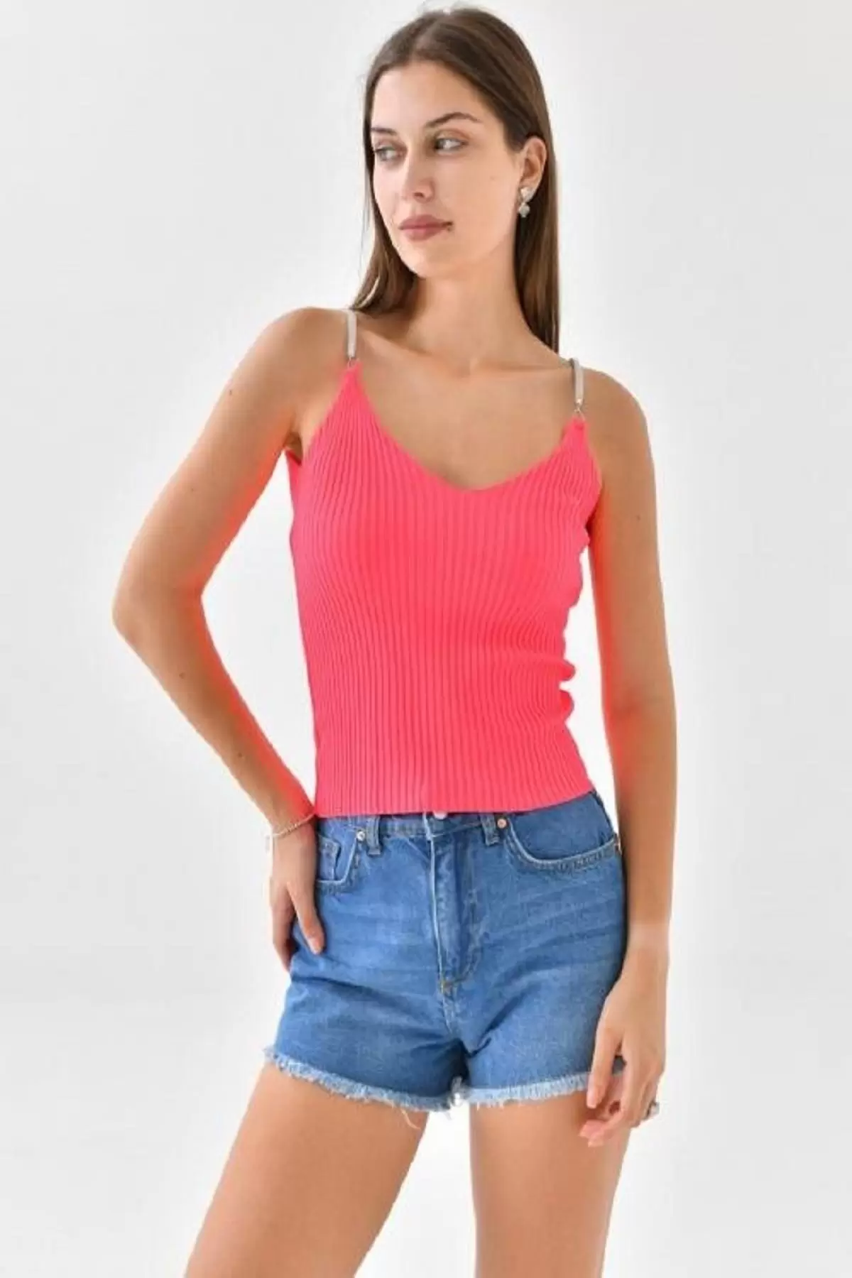 Askılı Sim Detaylı Fuşya Kadın Triko Crop Top