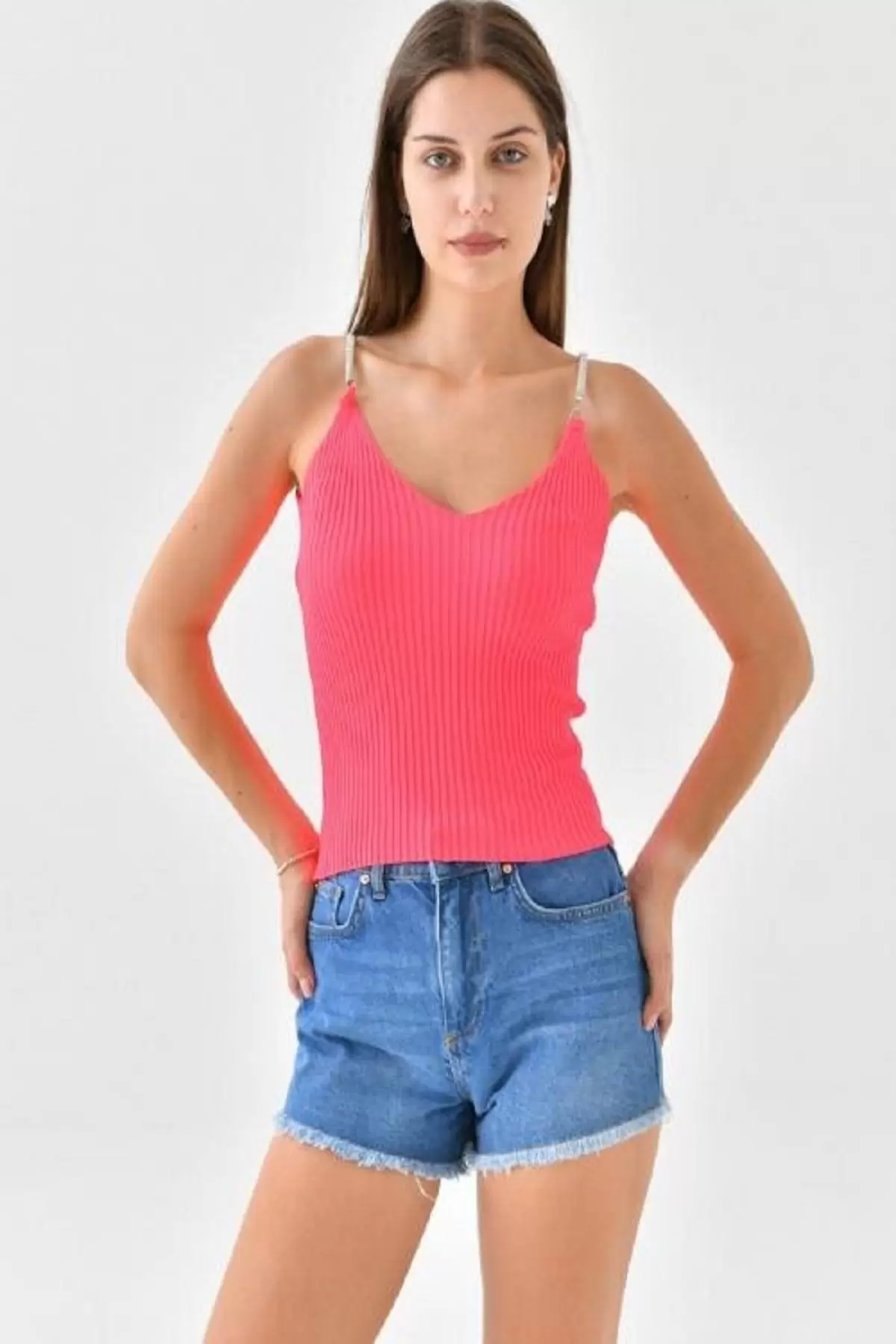 Askılı Sim Detaylı Fuşya Kadın Triko Crop Top