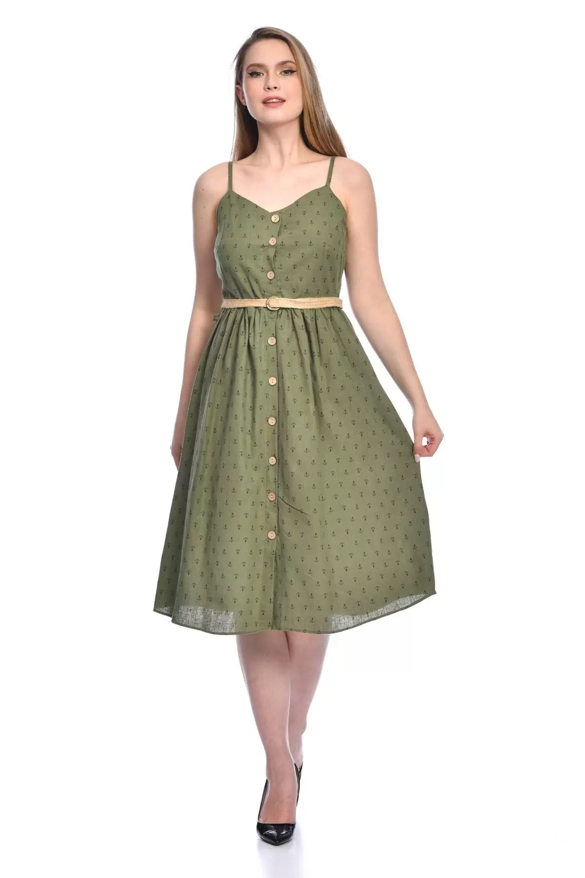 Askılı Sıra Düğmeli Kemerli ve Baskılı Haki Keten Kadın Elbise