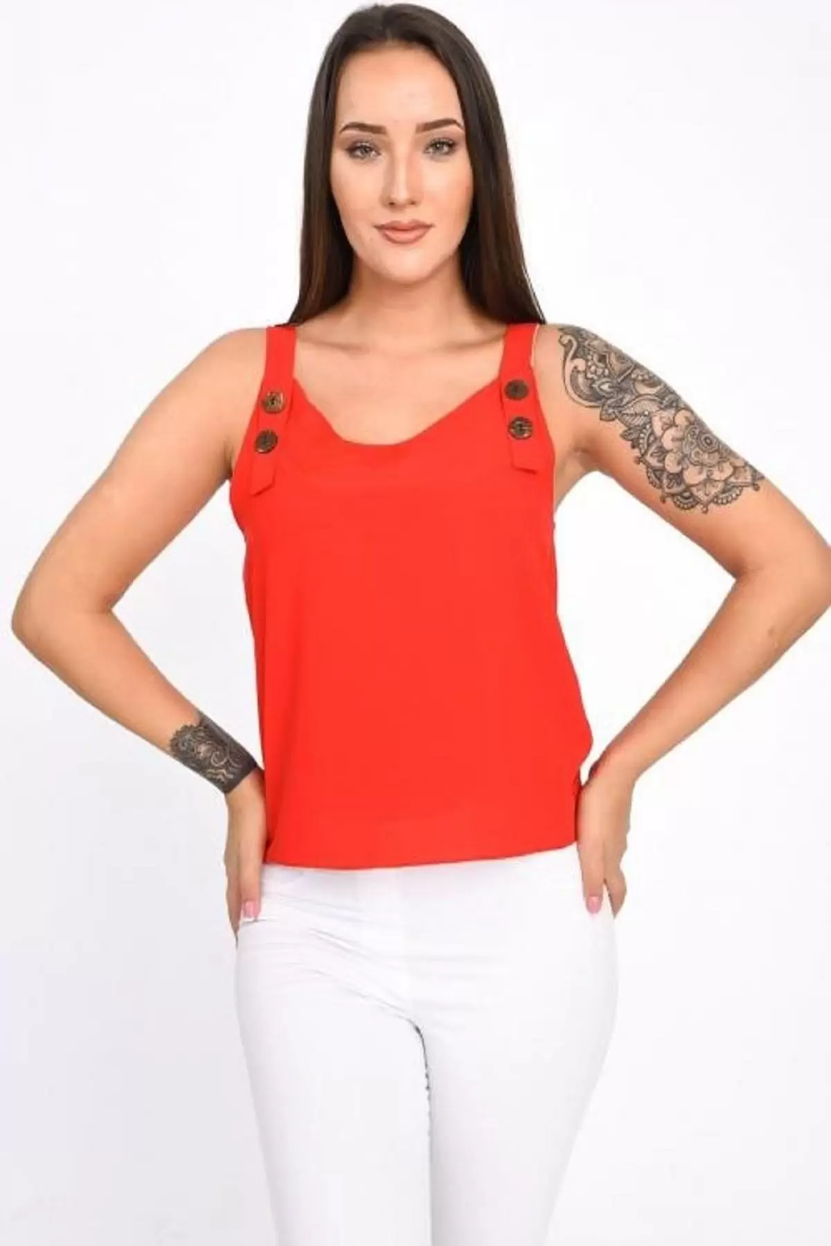 Askılı ve Düğmeli Sıfır Kol Kırmızı Kadın Bluz
