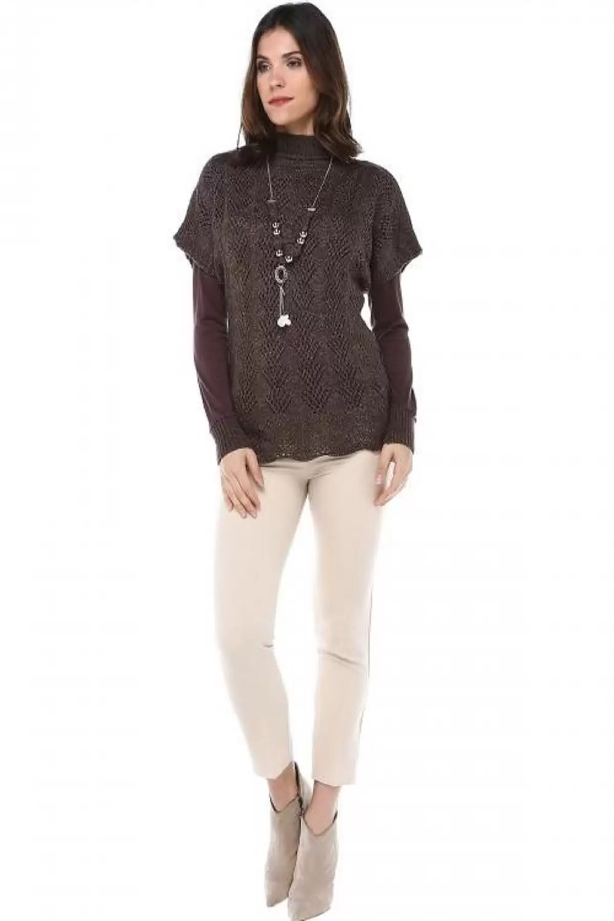 Balıkçı Yaka Body Aksesuarlı Başak Desenli Kahverengi Triko Kadın Bluz