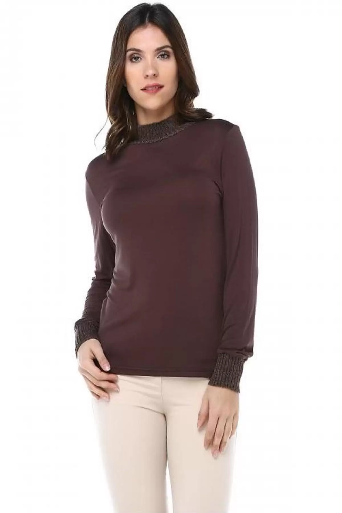 Balıkçı Yaka Body Aksesuarlı Başak Desenli Kahverengi Triko Kadın Bluz