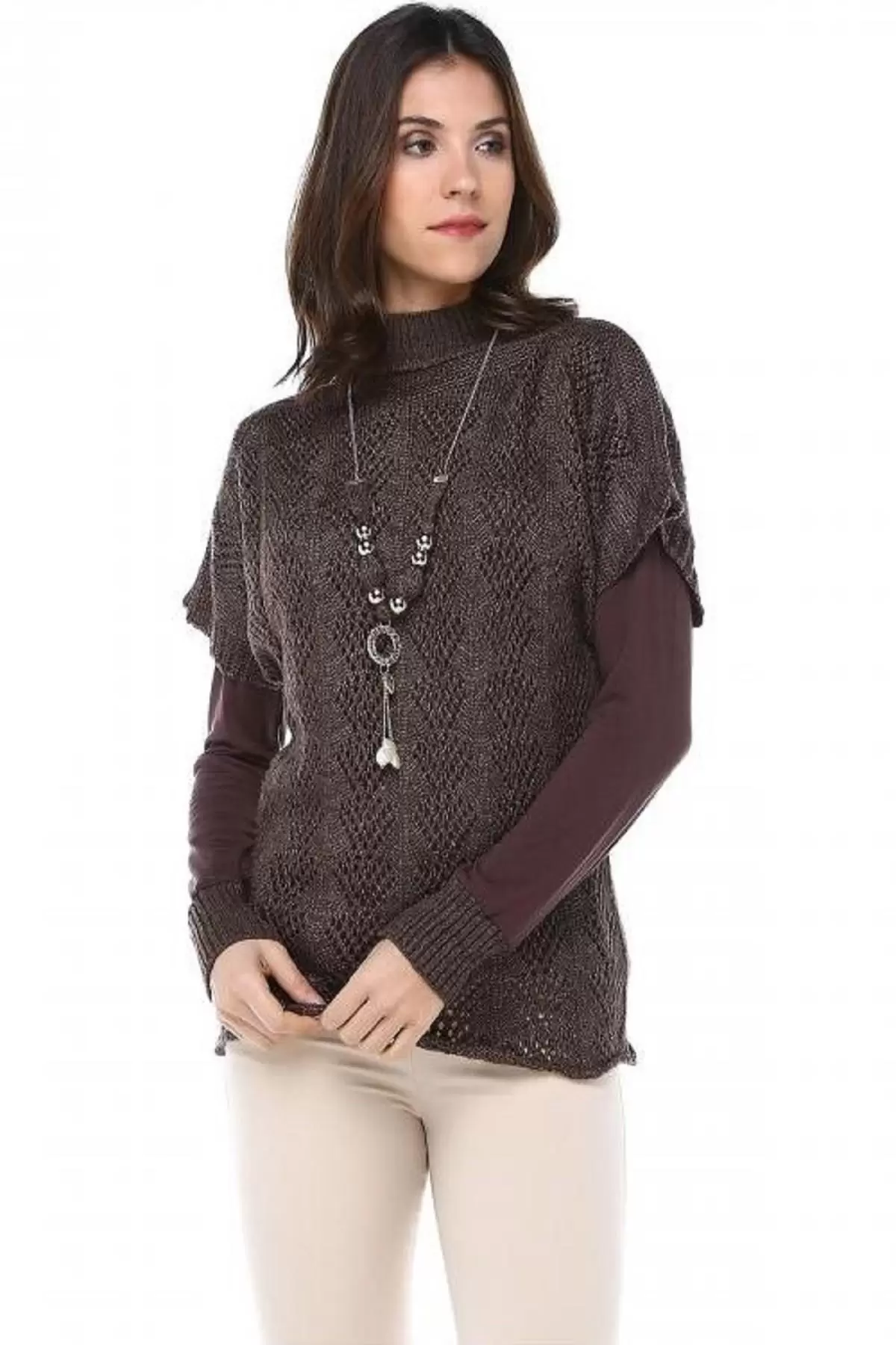 Balıkçı Yaka Body Aksesuarlı Başak Desenli Kahverengi Triko Kadın Bluz