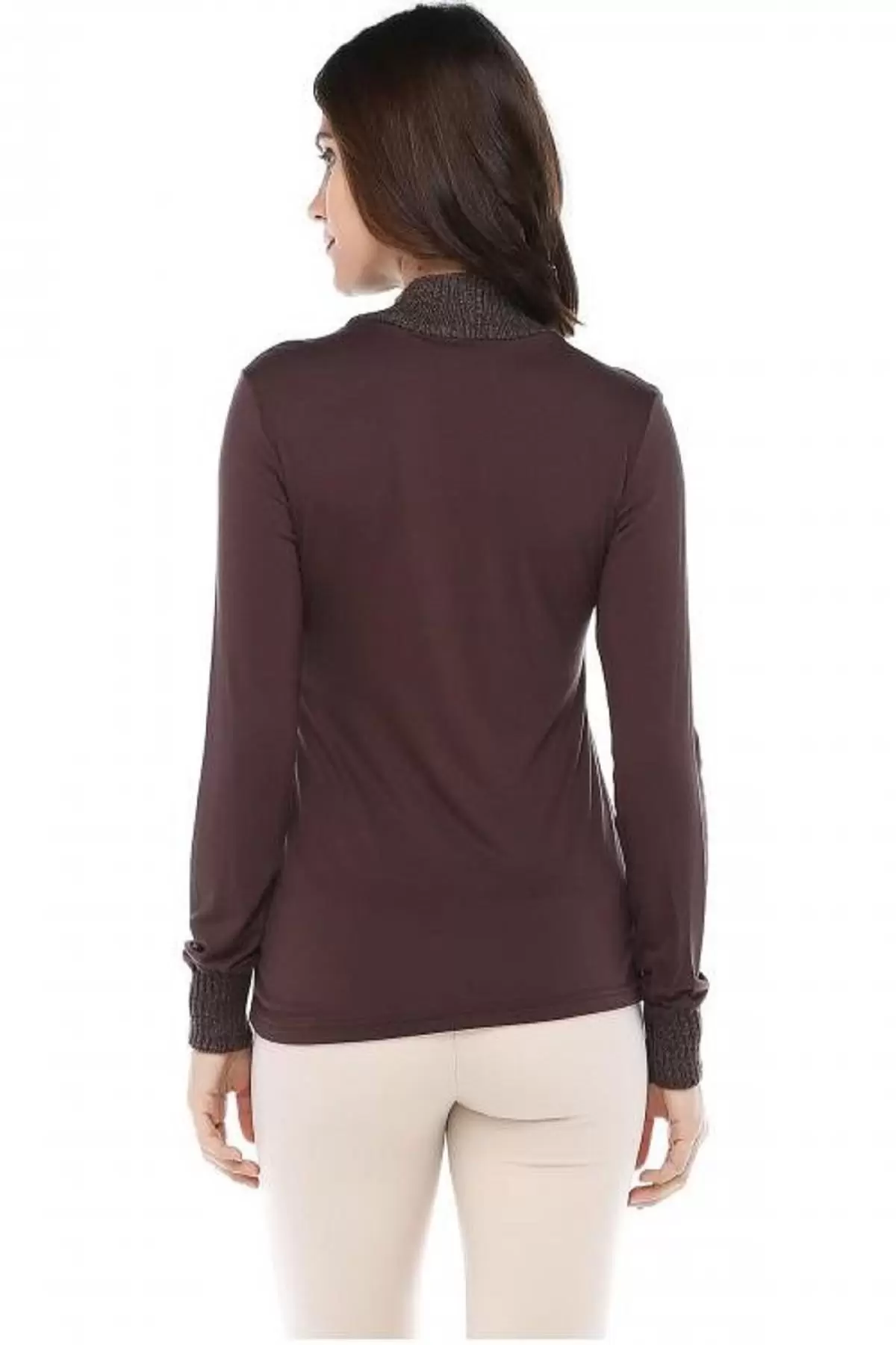 Balıkçı Yaka Body Aksesuarlı Başak Desenli Kahverengi Triko Kadın Bluz