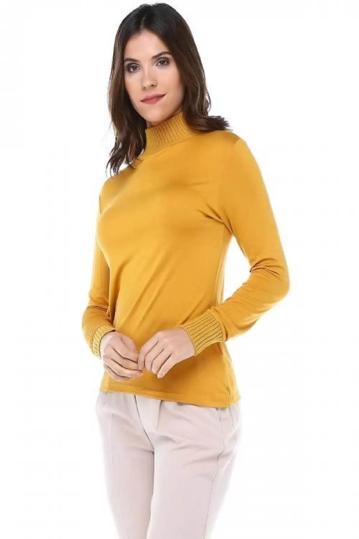 Balıkçı Yaka Body'li Kemerli ve Saç Örgülü Hardal Triko Kadın Bluz