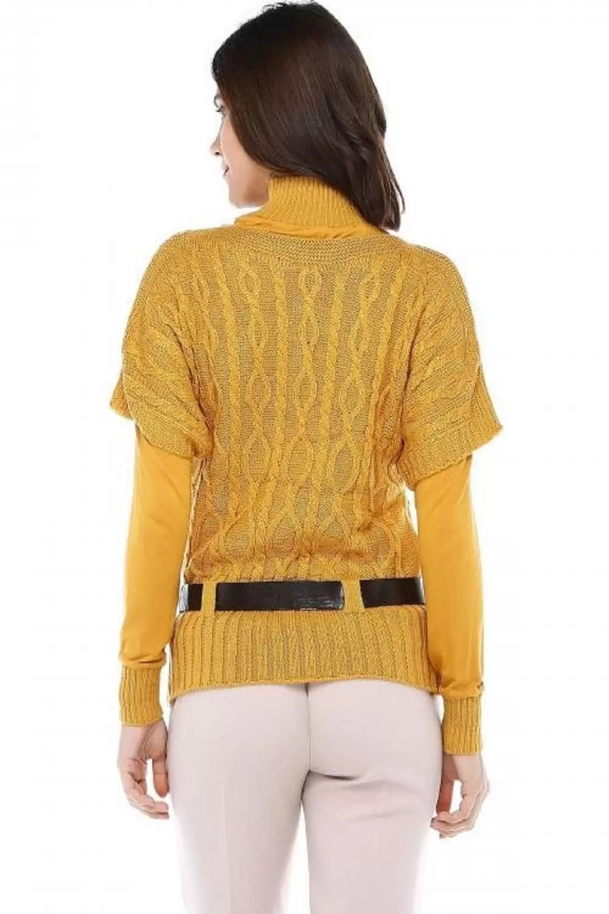 Balıkçı Yaka Body'li Kemerli ve Saç Örgülü Hardal Triko Kadın Bluz