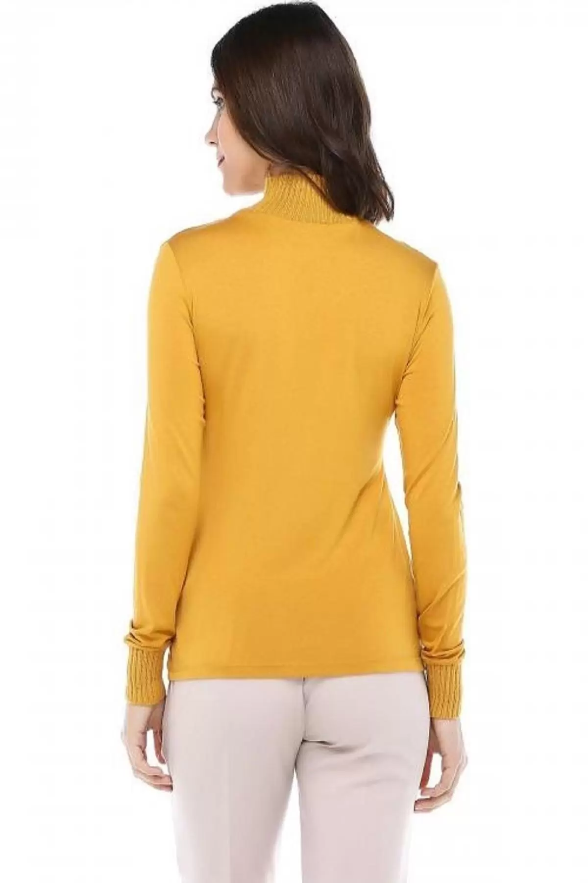 Balıkçı Yaka Body'li Kemerli ve Saç Örgülü Hardal Triko Kadın Bluz