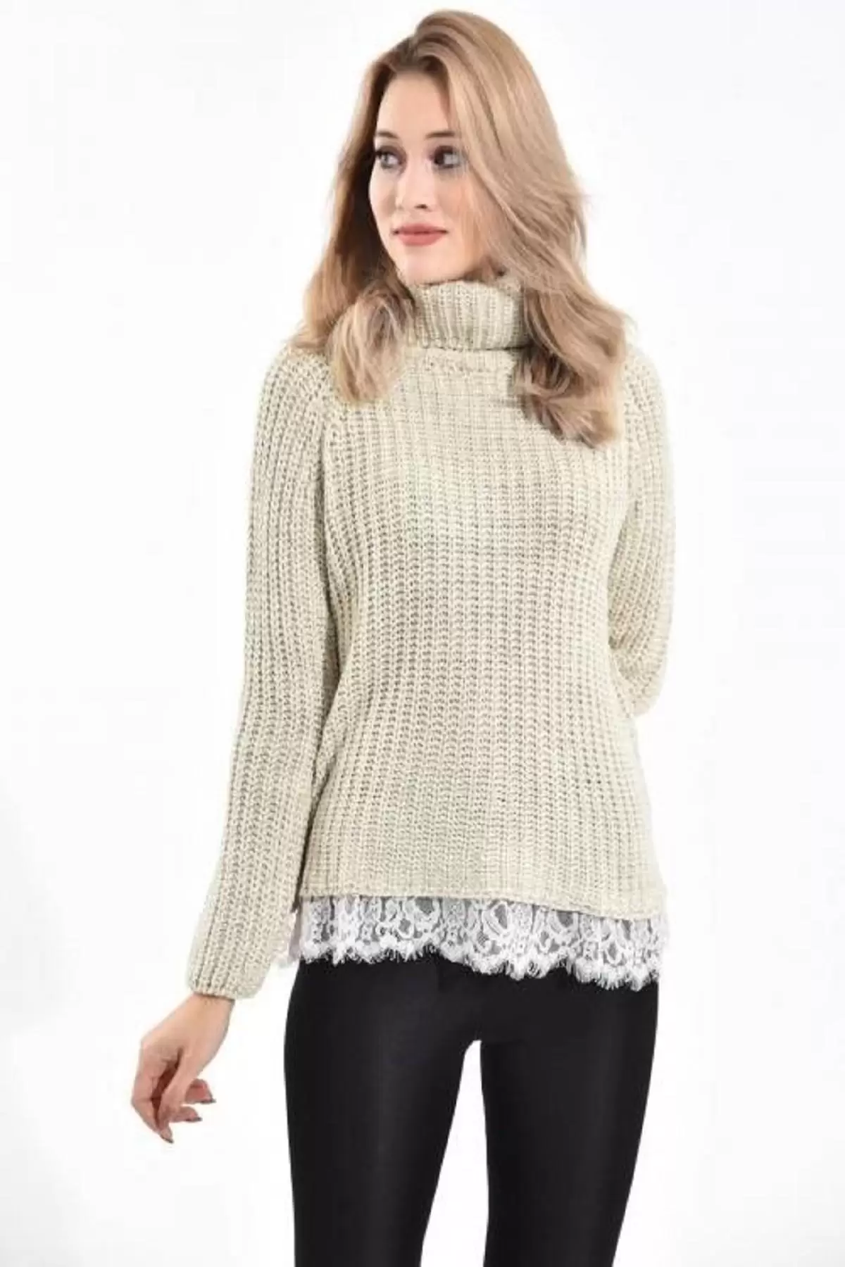 Balıkçı Yaka Dantelli Örme Bej Kadın Kazak