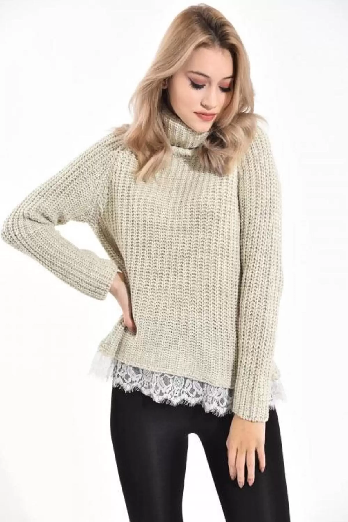 Balıkçı Yaka Dantelli Örme Bej Kadın Kazak