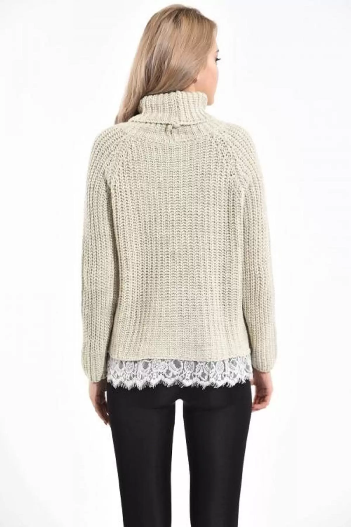 Balıkçı Yaka Dantelli Örme Bej Kadın Kazak
