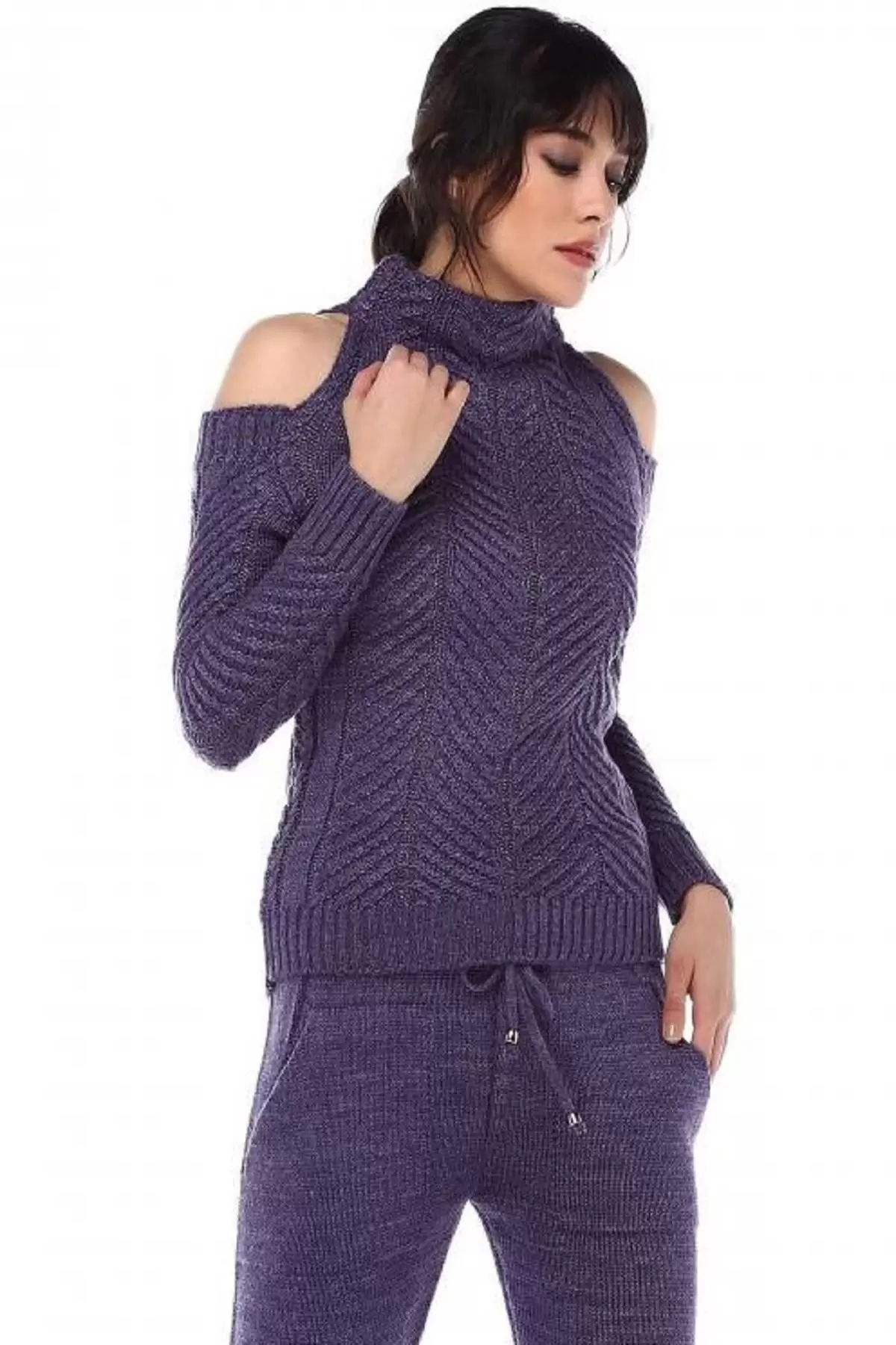 Balıkçı Yaka Omuz Detaylı Saç Örgülü Mor Triko Takım