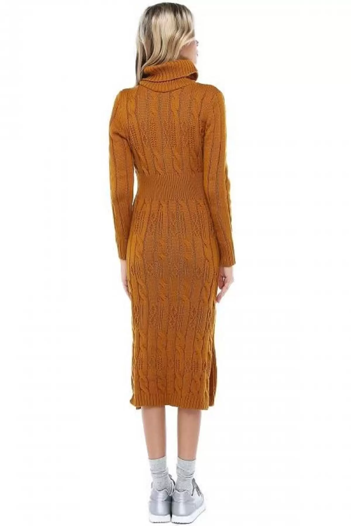 Balıkçı Yaka Saç Örgülü Hardal Triko Kadın Elbise