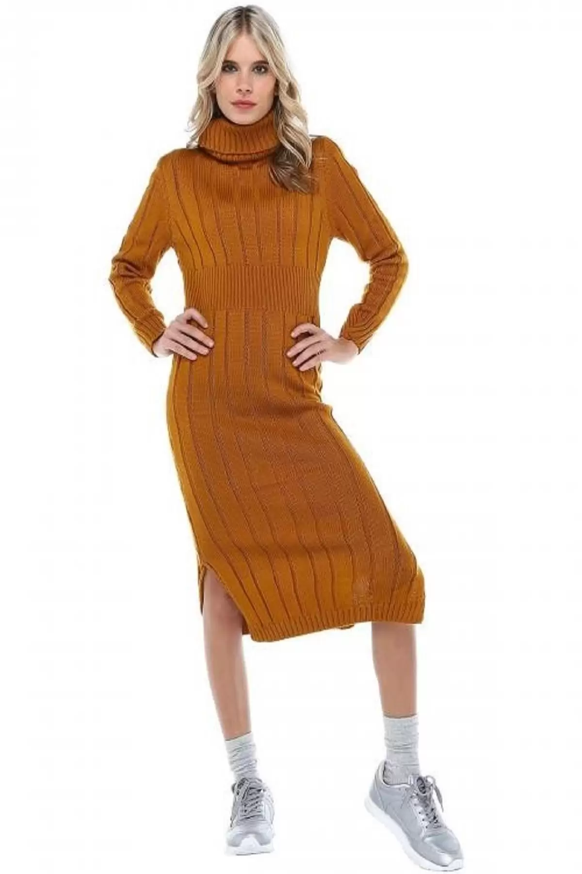 Balıkçı Yaka Saç Örgülü Hardal Triko Kadın Elbise