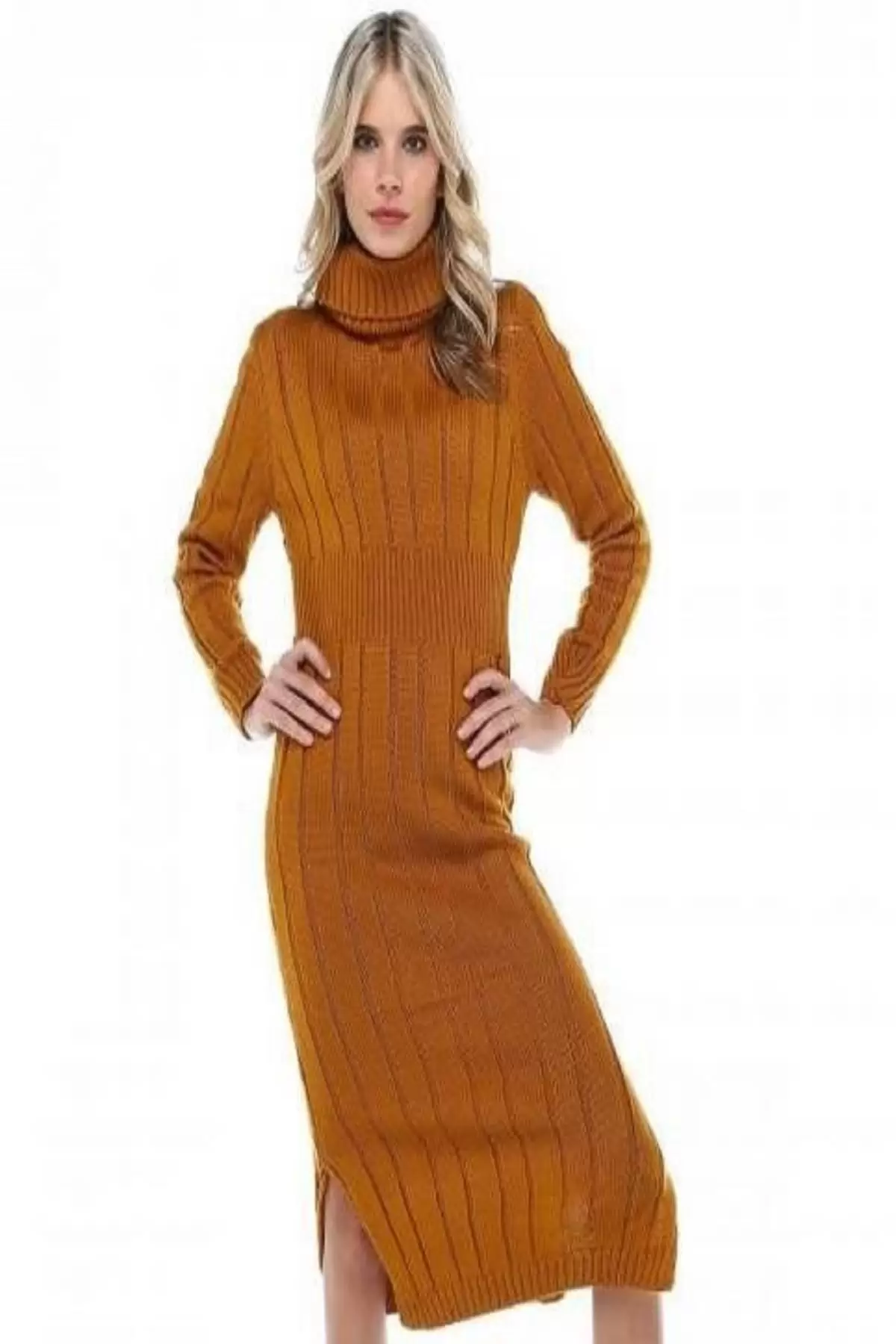 Balıkçı Yaka Saç Örgülü Hardal Triko Kadın Elbise