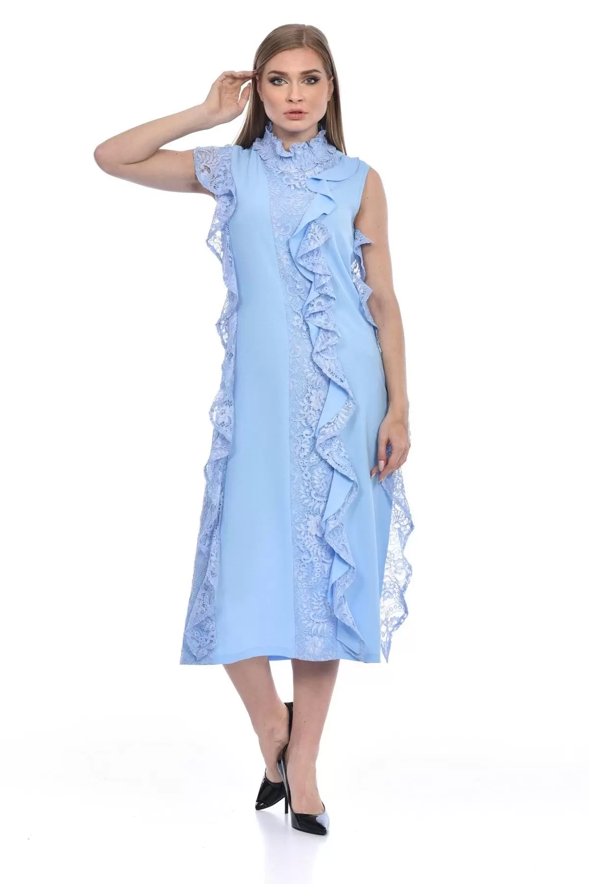 Balıkçı Yaka Sıfır Kol Dantel ve Kupürlü Bebe Mavi Kadın Elbise