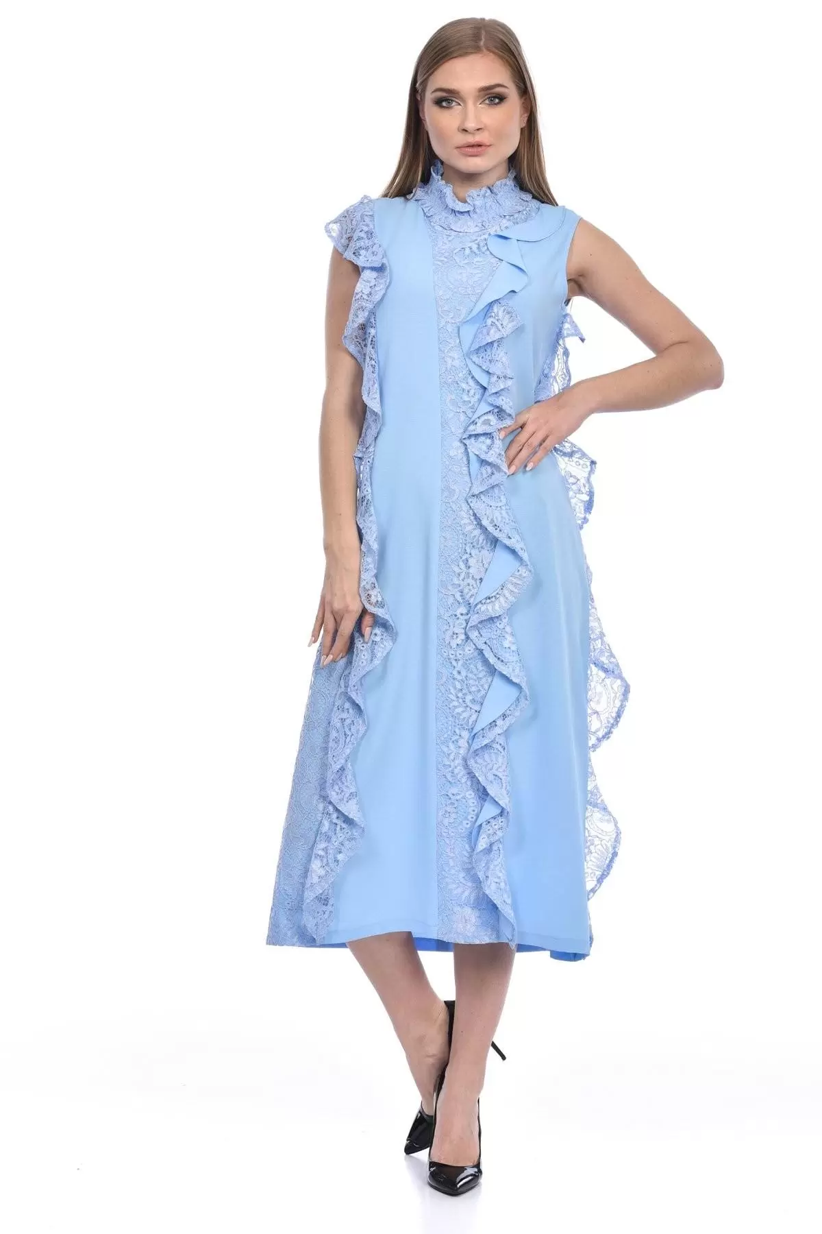 Balıkçı Yaka Sıfır Kol Dantel ve Kupürlü Bebe Mavi Kadın Elbise