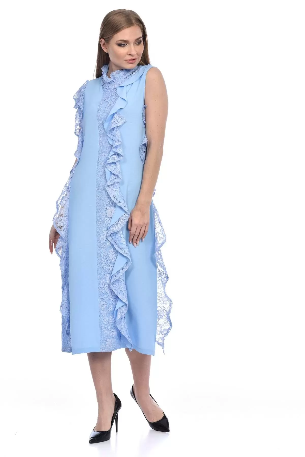Balıkçı Yaka Sıfır Kol Dantel ve Kupürlü Bebe Mavi Kadın Elbise
