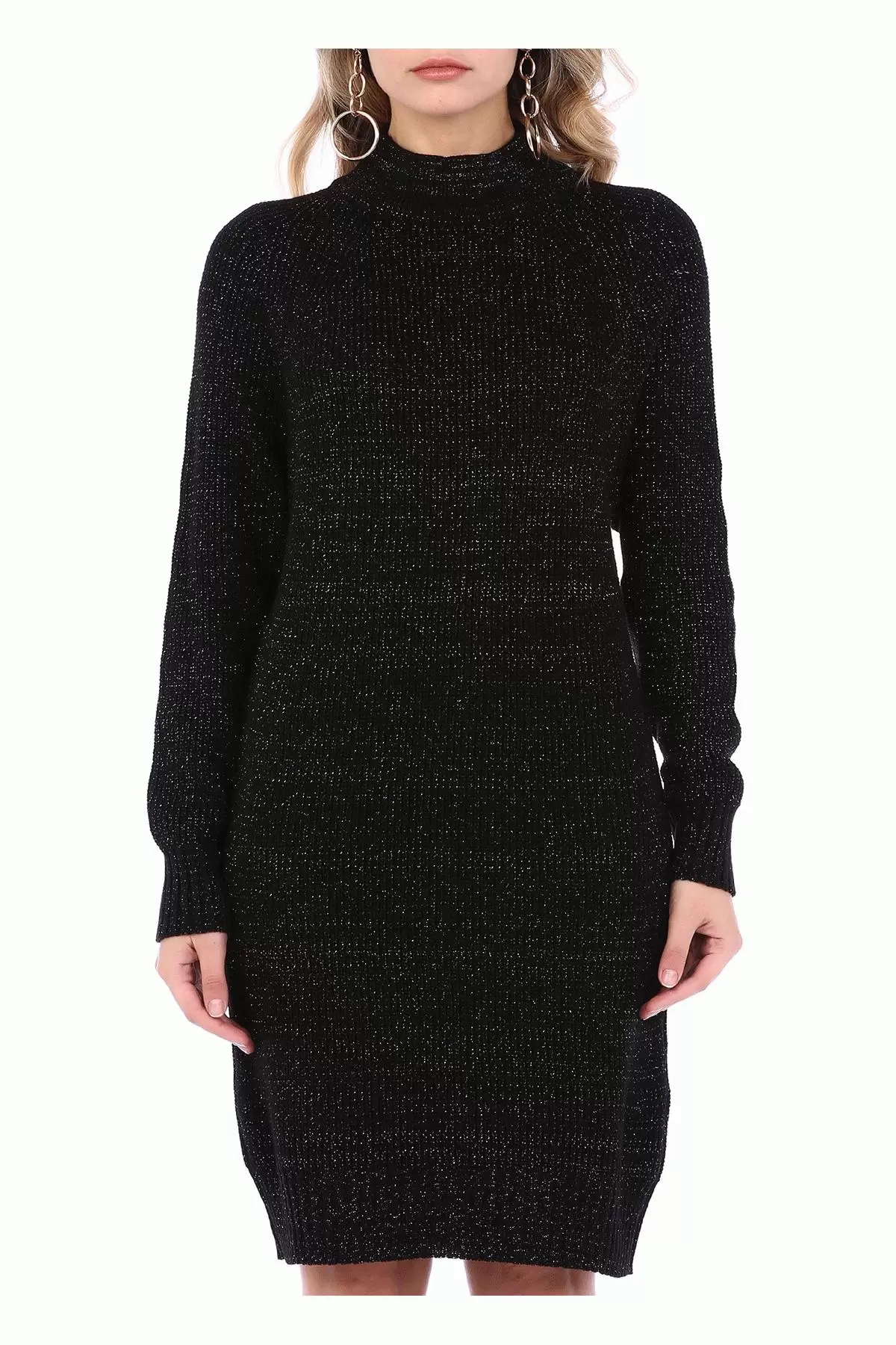 Balıkçı Yaka Simli Siyah Triko Kadın Elbise