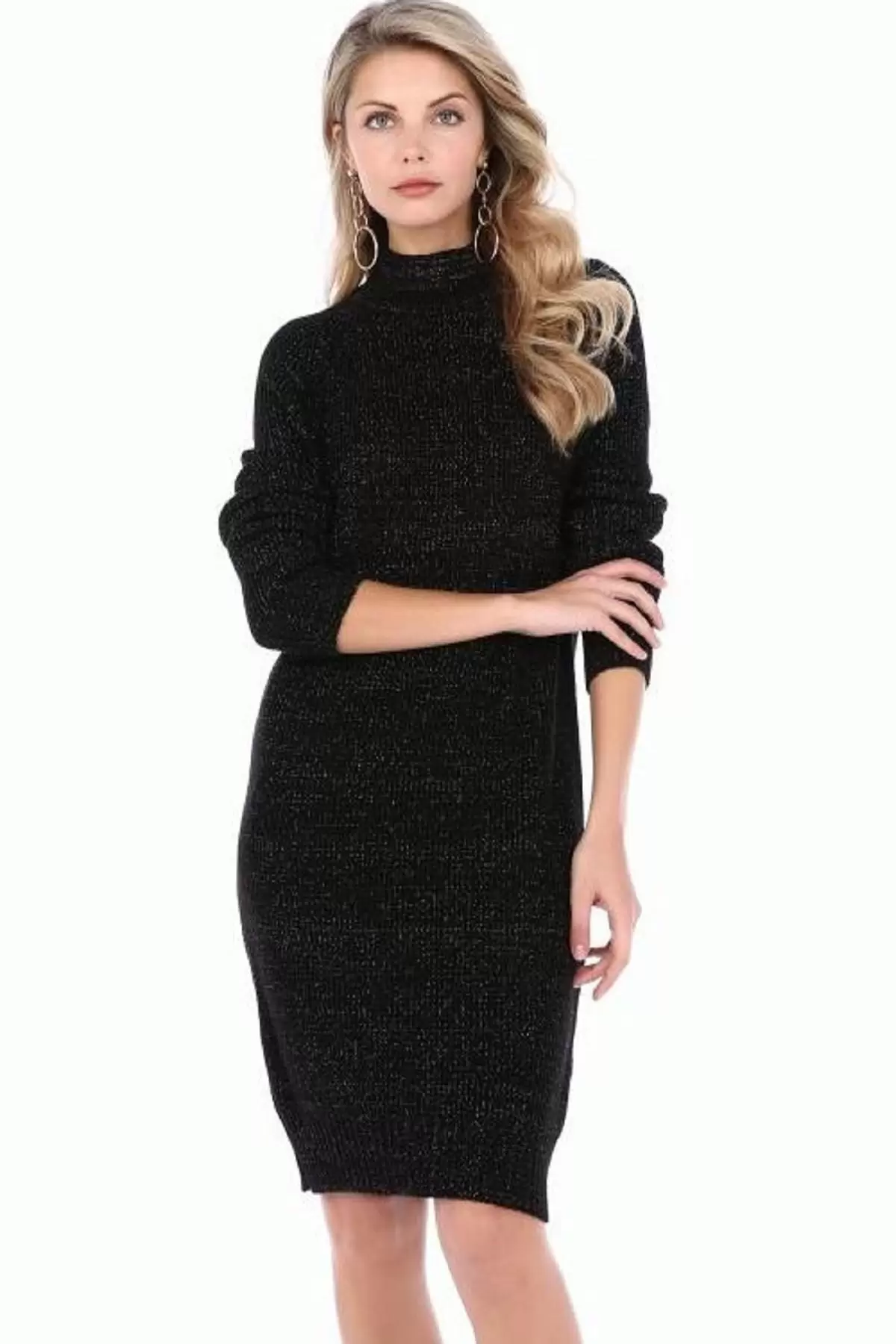 Balıkçı Yaka Simli Siyah Triko Kadın Elbise