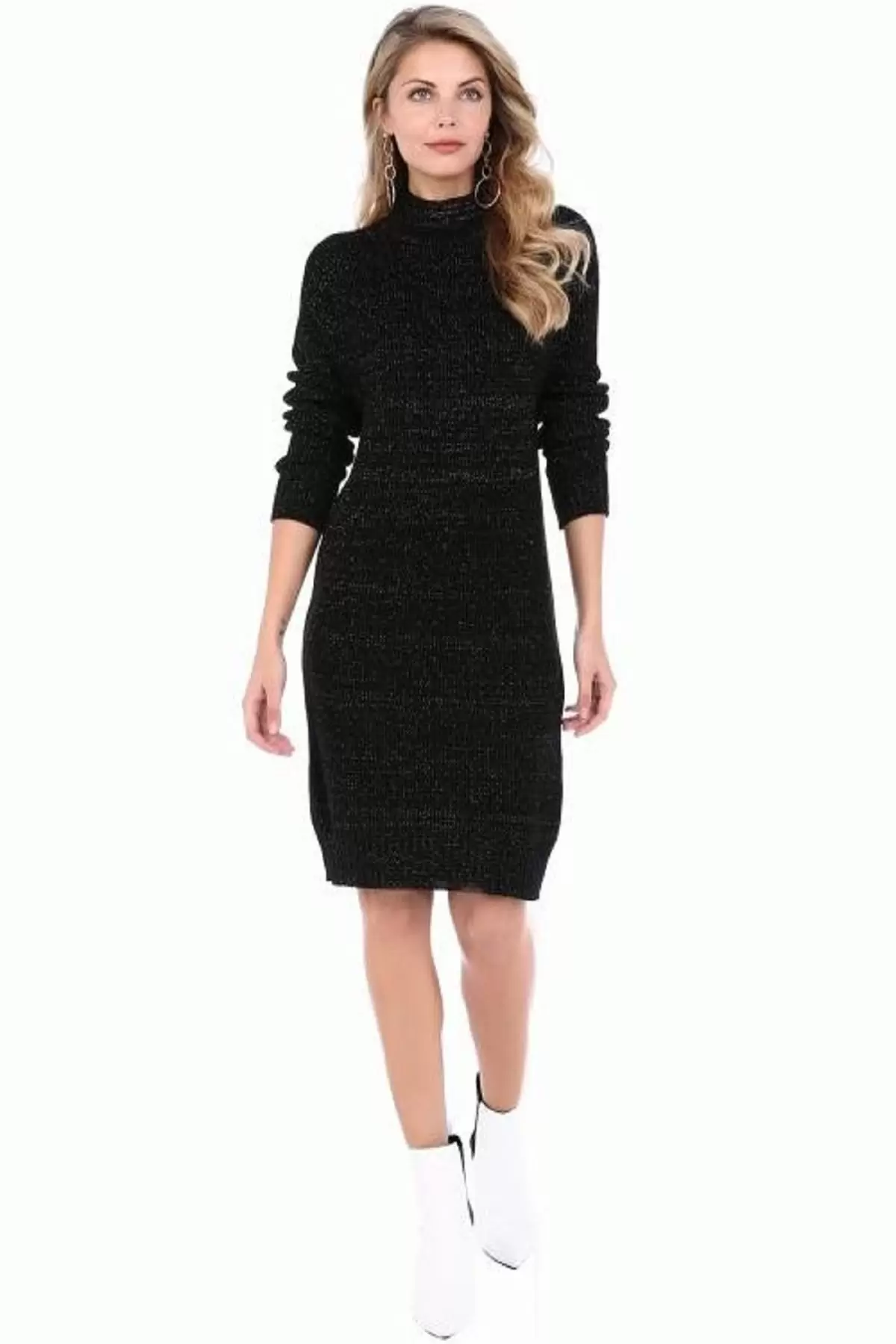 Balıkçı Yaka Simli Siyah Triko Kadın Elbise