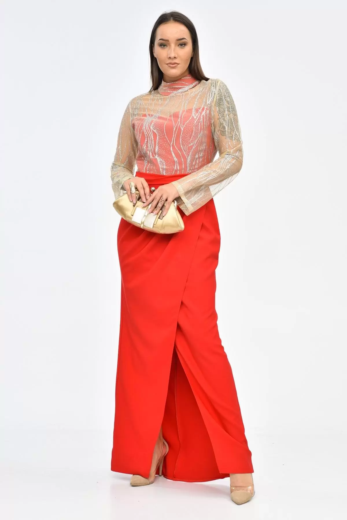 Balıkçı Yaka Tüllü Yırtmaçlı Kırmızı Kadın Abiye Elbise