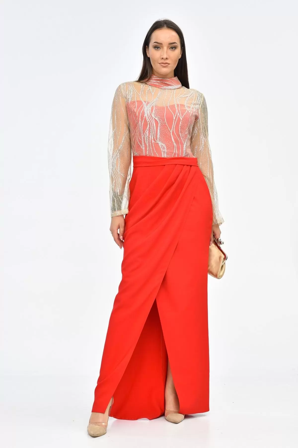 Balıkçı Yaka Tüllü Yırtmaçlı Kırmızı Kadın Abiye Elbise