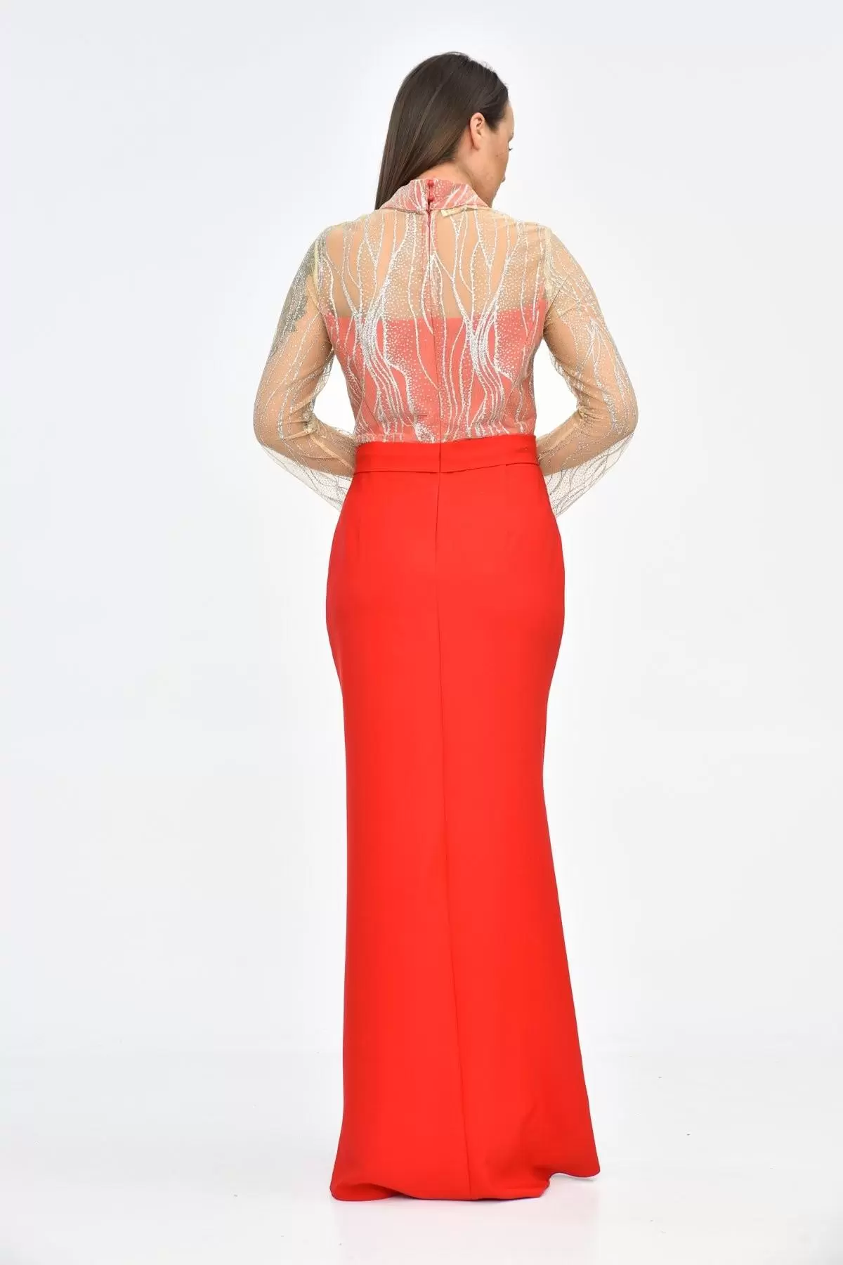 Balıkçı Yaka Tüllü Yırtmaçlı Kırmızı Kadın Abiye Elbise