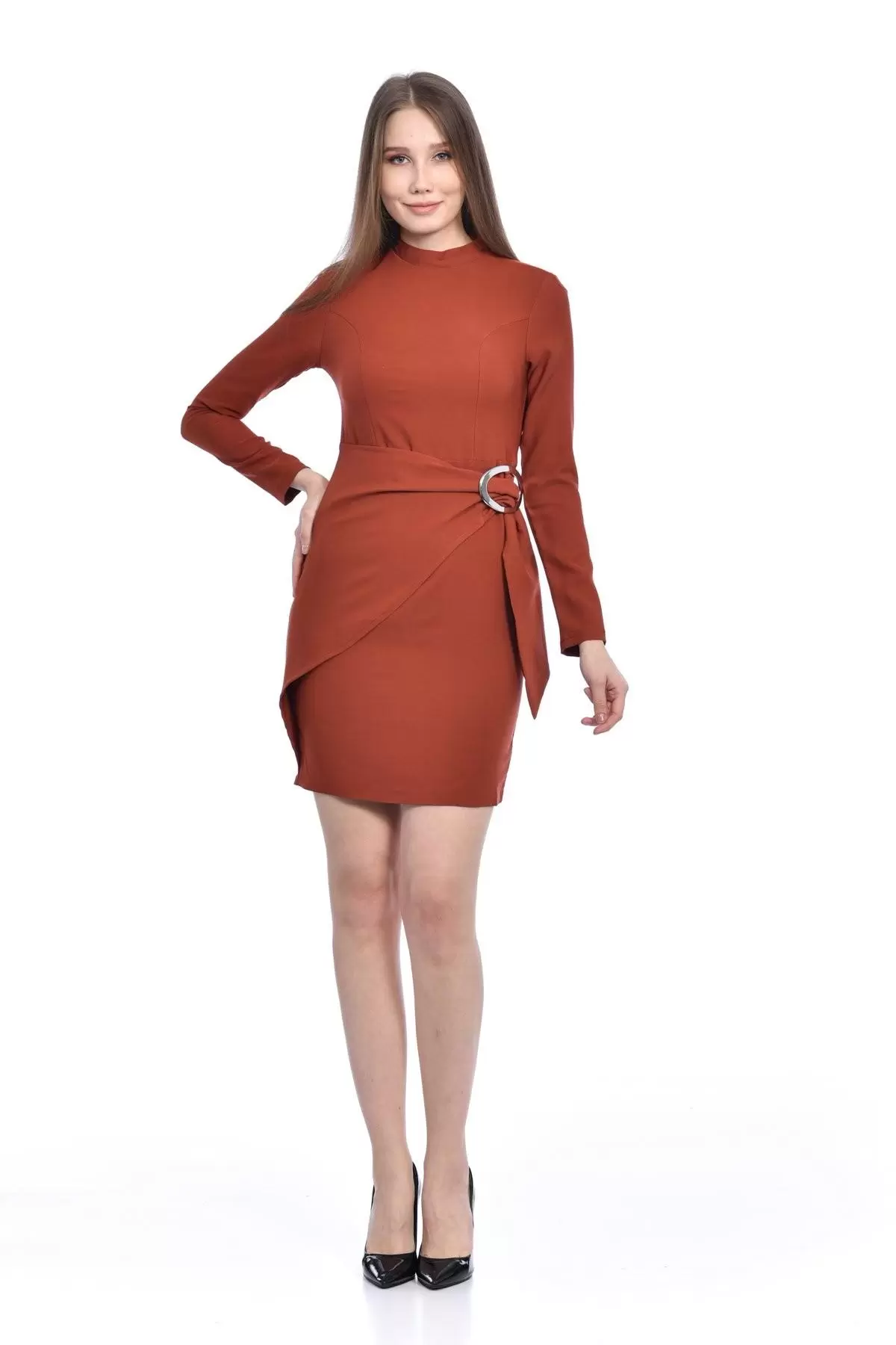 Balıkçı Yaka Uzun Kollu Yandan Tokalı Kiremit Kadın Elbise