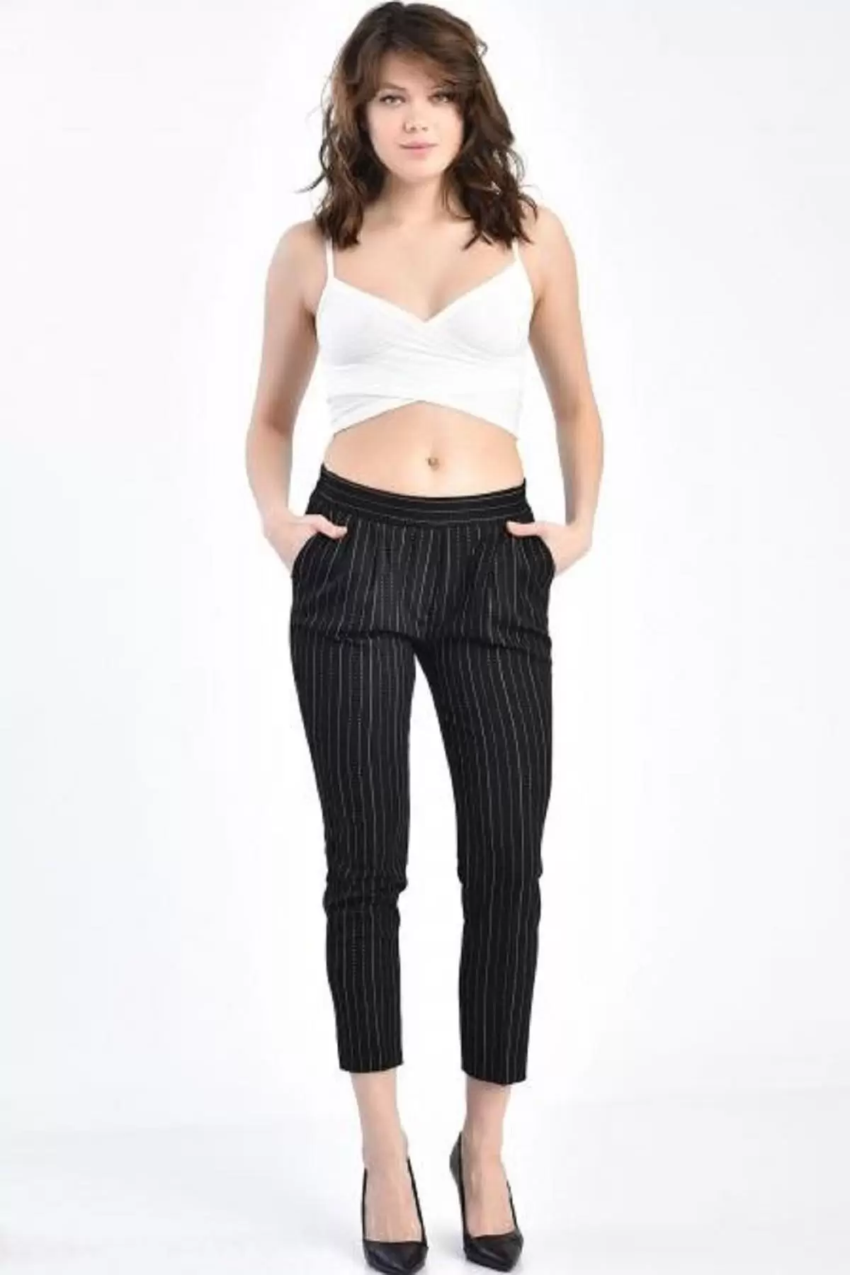 Belden Lastikli Bilek Çizgili Siyah Kadın Pantolon