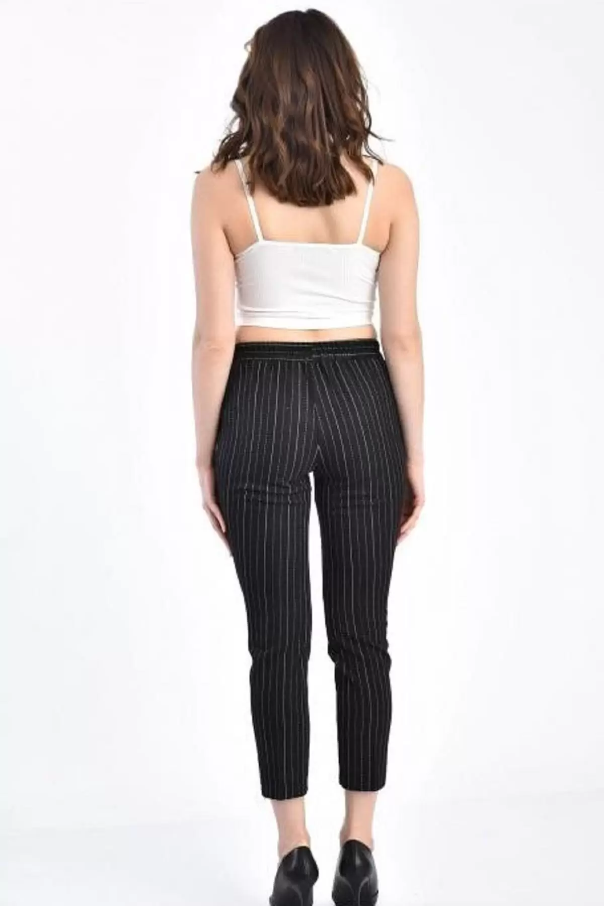 Belden Lastikli Bilek Çizgili Siyah Kadın Pantolon
