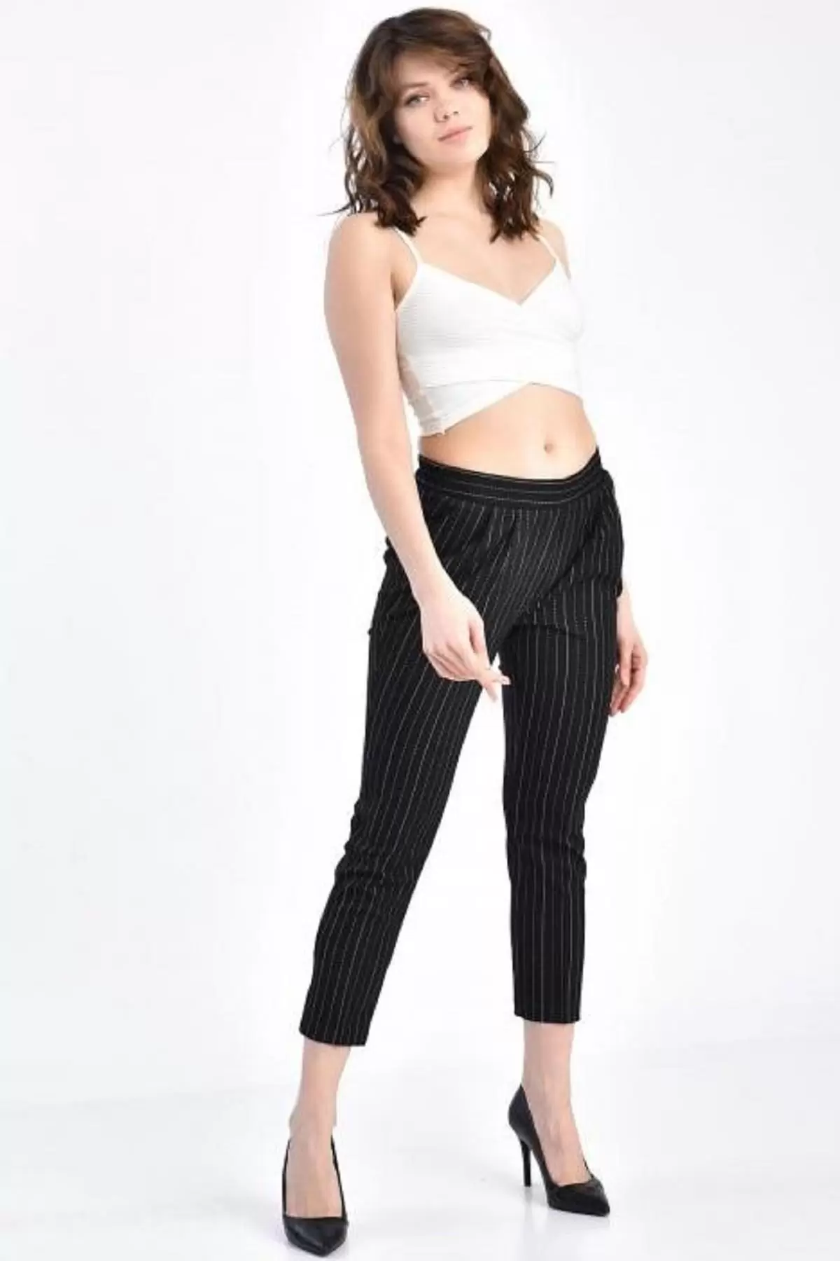 Belden Lastikli Bilek Çizgili Siyah Kadın Pantolon