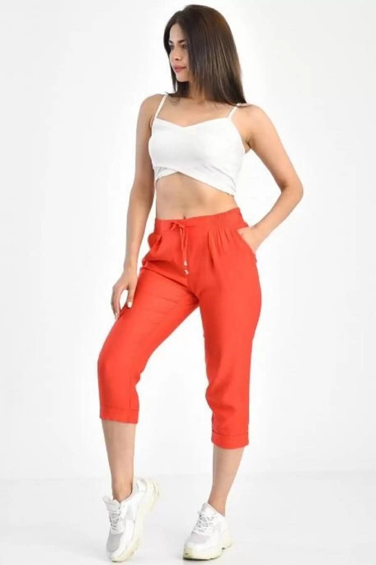 Belden Lastikli Fuşya Kadın Kapri Pantolon