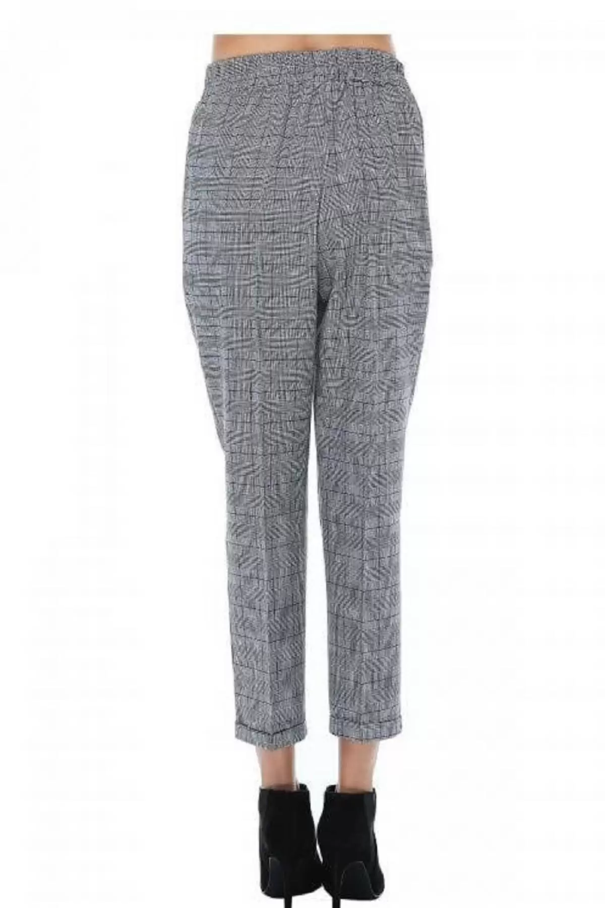 Belden Lastikli Gri Ekose Bilek Kadın Pantolon