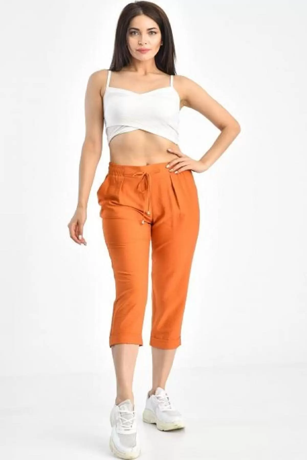 Belden Lastikli Hardal Kadın Kapri Pantolon