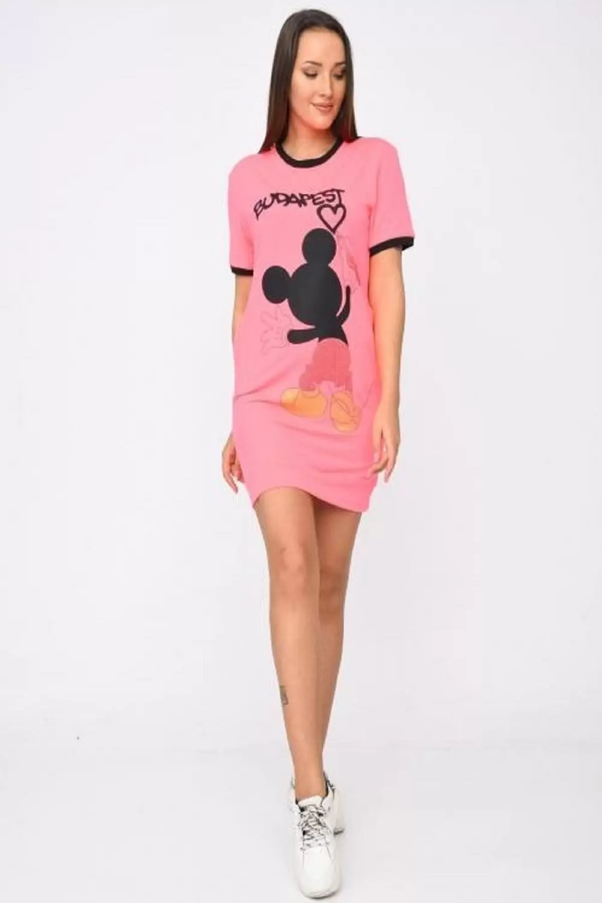 Bisiklet Yaka Baskı ve Taşlı Pembe Kadın Elbise