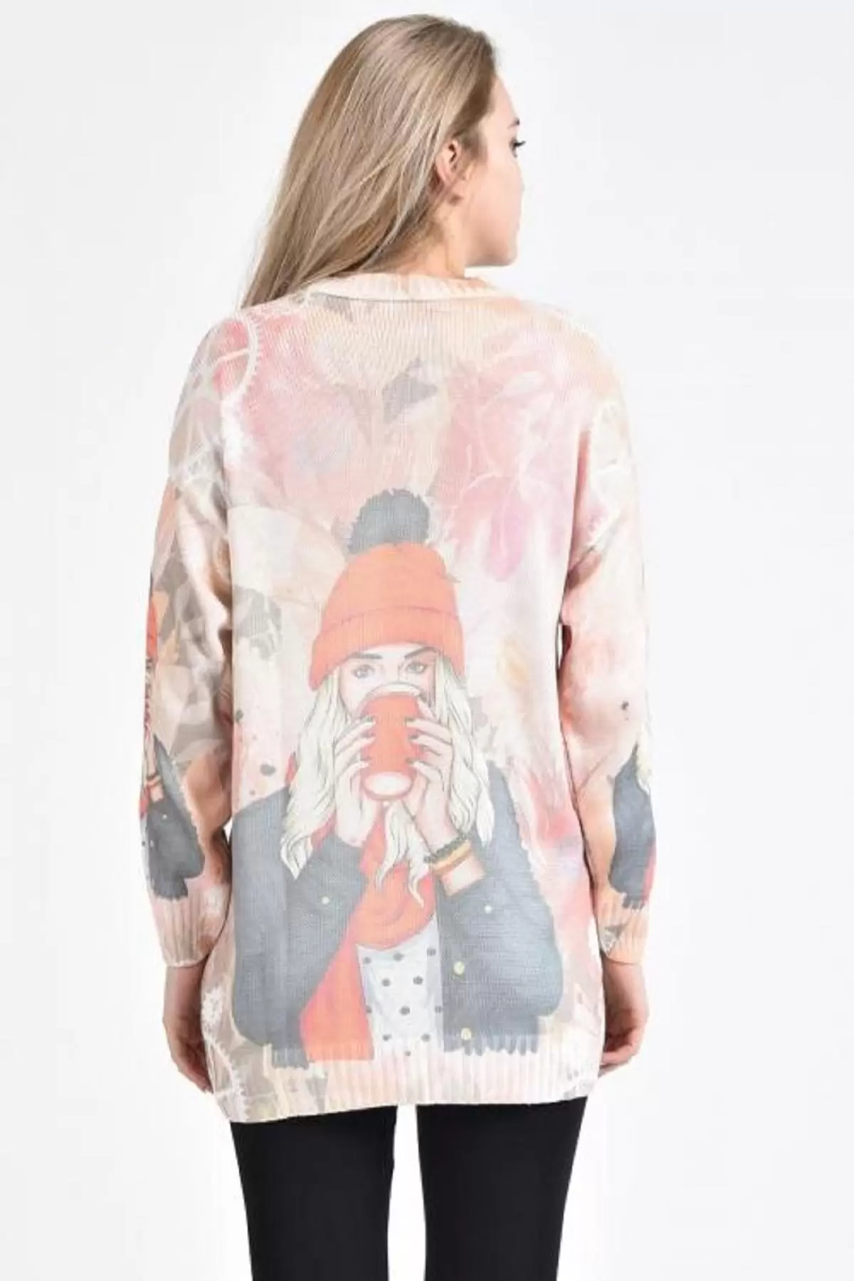 Bisiklet Yaka Bereli Kadın Baskılı Ekru-Pembe Kadın Kazak