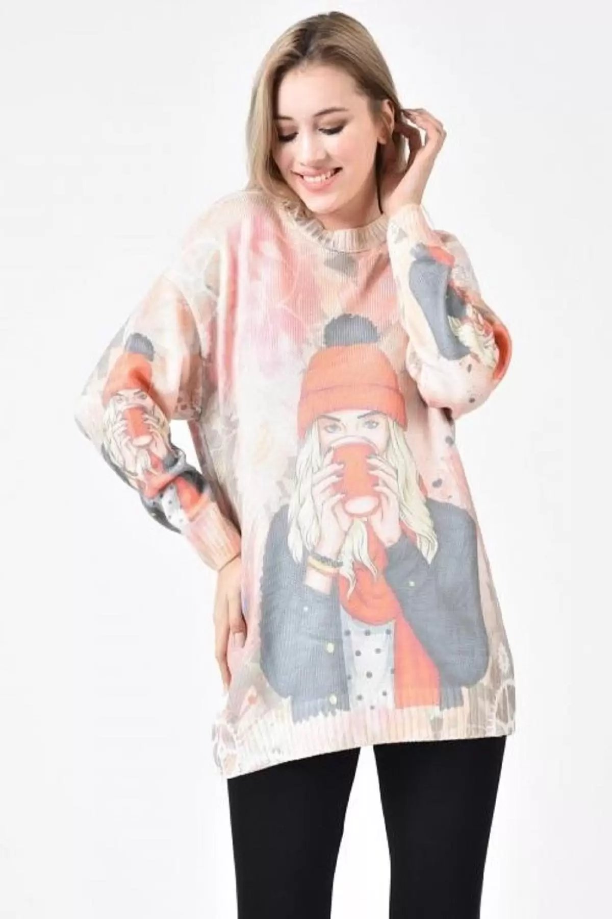 Bisiklet Yaka Bereli Kadın Baskılı Ekru-Pembe Kadın Kazak