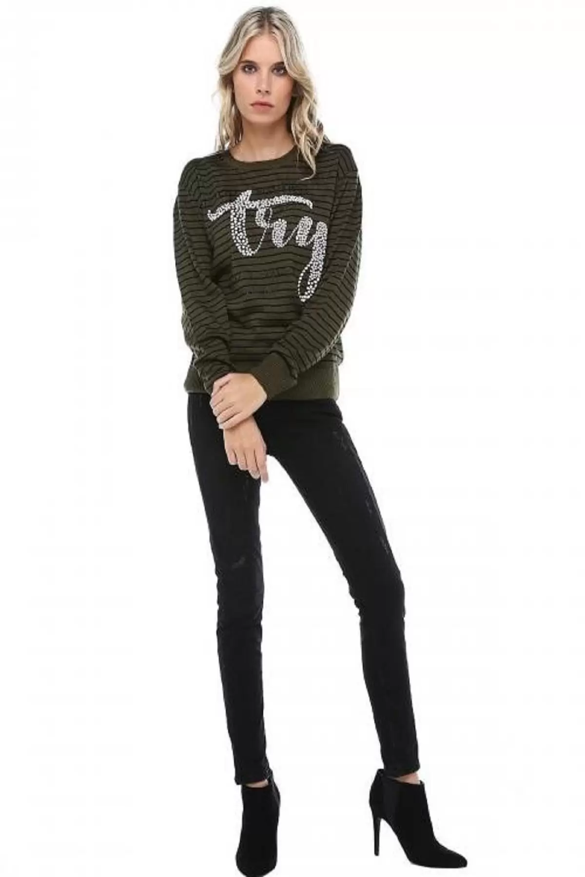 Bisiklet Yaka Çizgili Tly Baskılı Haki Triko Kadın Kazak